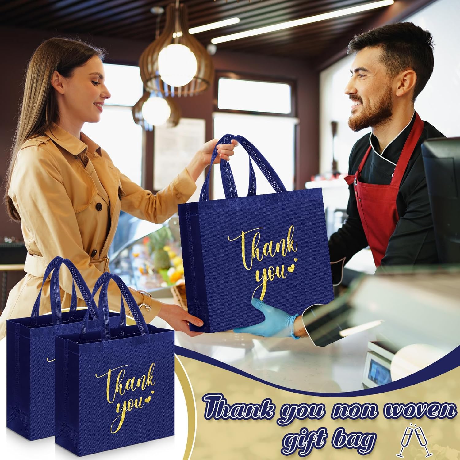 Sweetude 30 Pcs Thank You Gift Bags with Handles Bulk Reusable Goodie Bag Non Woven Foldable Handbag for Christmas Wedding Bridesmaid Gifts(11 x 12 x 5 Inch,Navy Blue) - Image 6