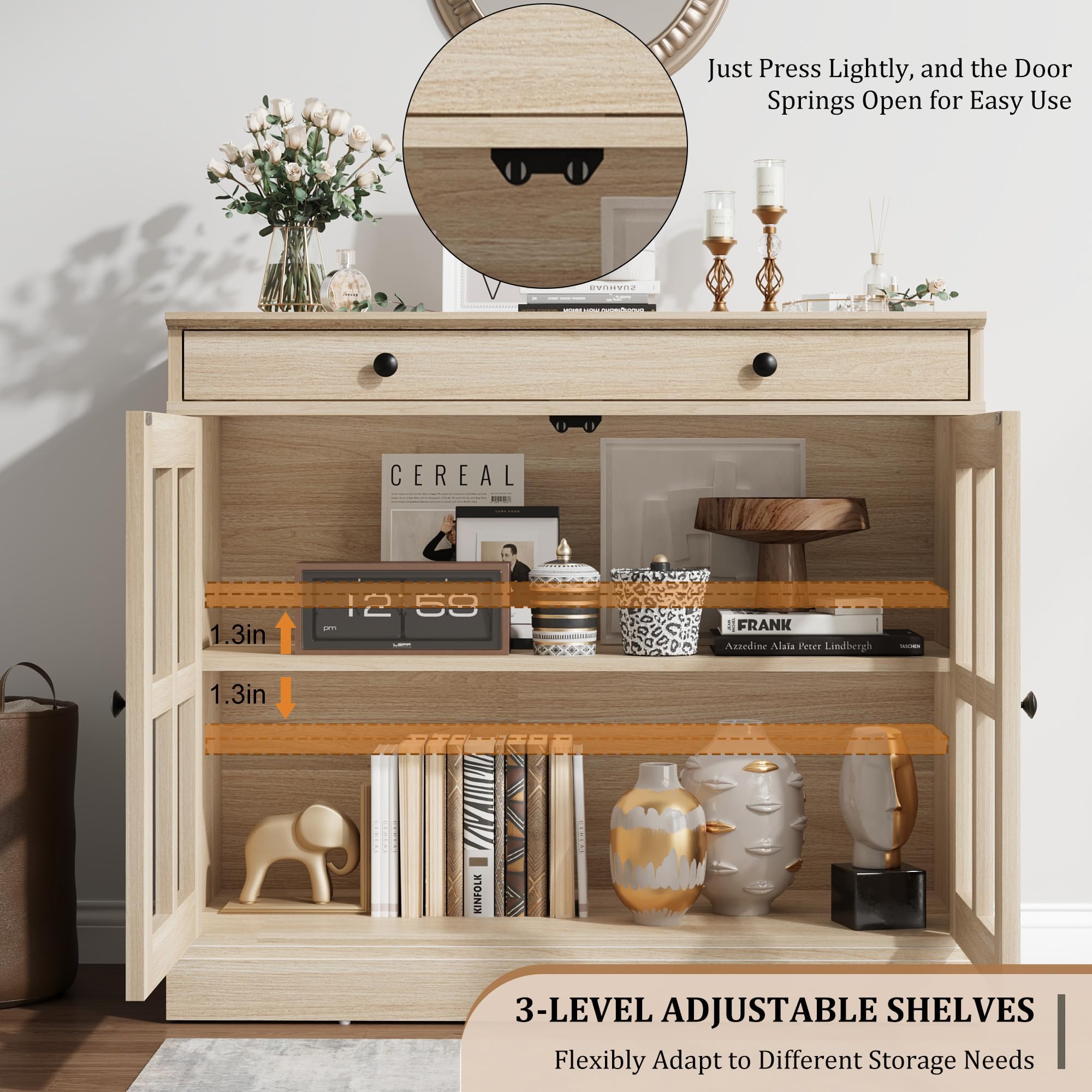 Garvee Modernes Sideboard mit 2 Glastüren und großer Schublade – Buffet- und Flurschrank mit verstellbarem Regal, vielseitig als Küchen- oder Kaffeebar-Kommode, Aufbewahrungsschrank – Holzdekor Washed