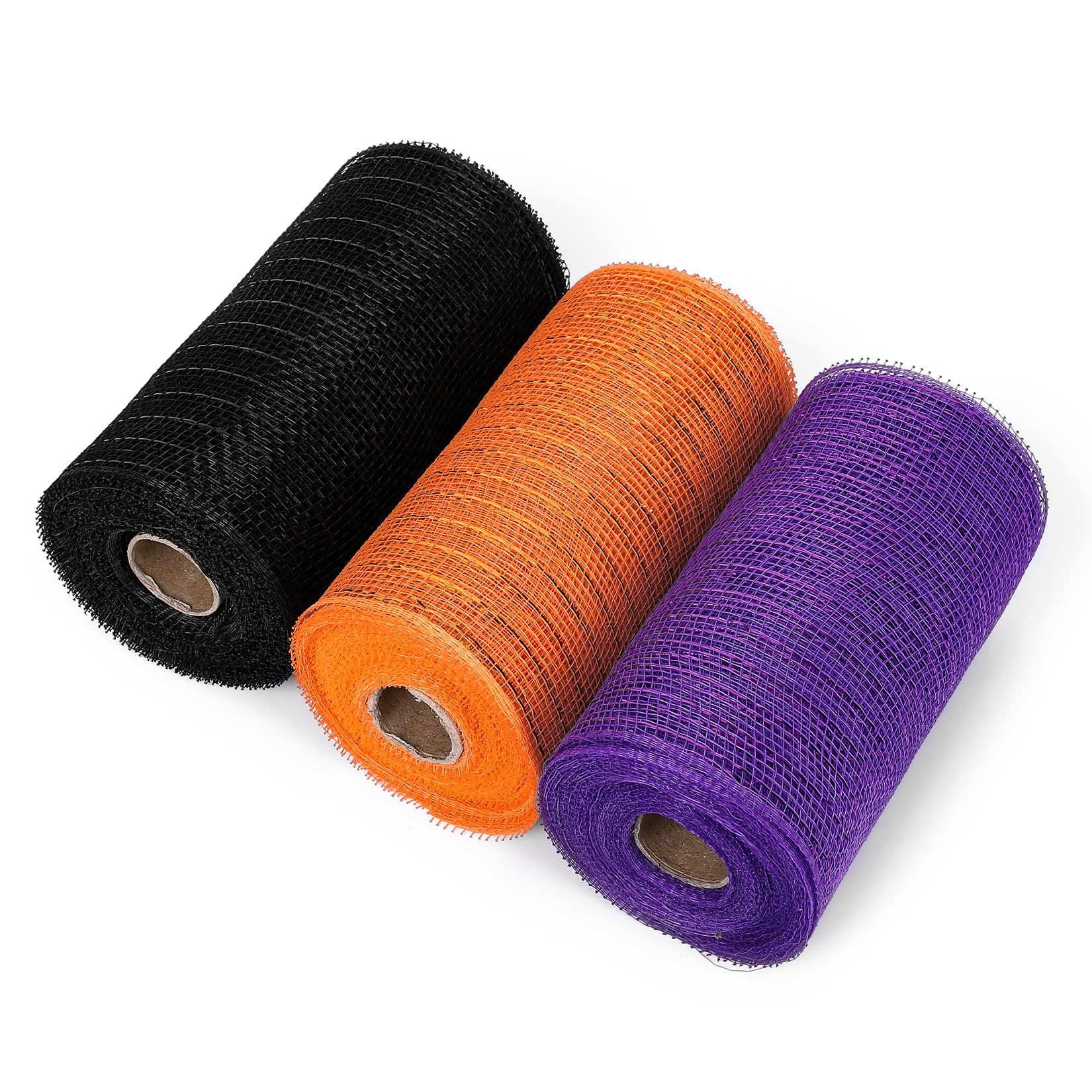 LinTimes 3 Rolls Decor Poly Mesh Ribbon Halloween Decorations, 6 in x 30 Feet Metallic Foil Rolls Orange Purple Black Ribbon Wreath Making Supplies for DIY Wreaths Swags Tree Craft Decoration