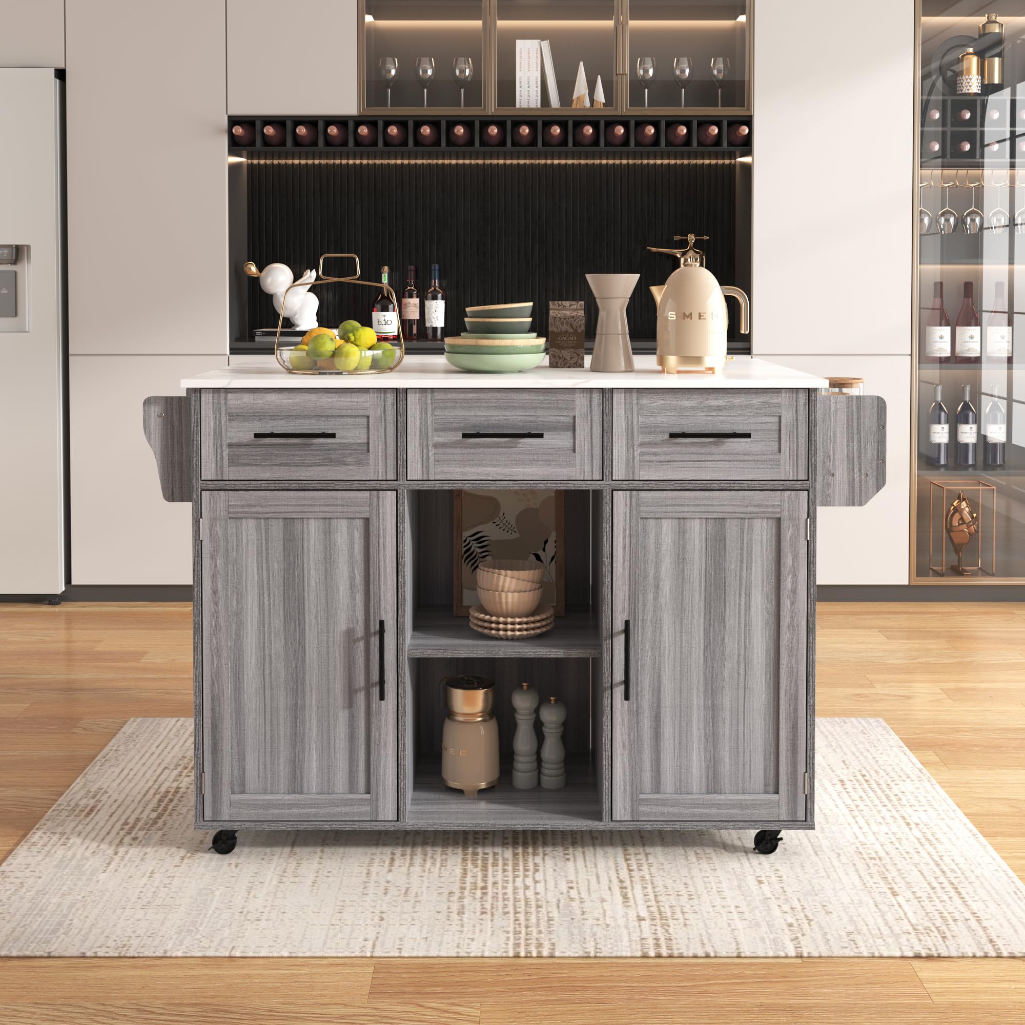 Isola della cucina con piano di lavoro pieghevole, carrello da portata mobile con 3 cassetti/2 armadietti/piedini in legno massello intercambiabili, 129 x 46 (71) x 91,5 cm