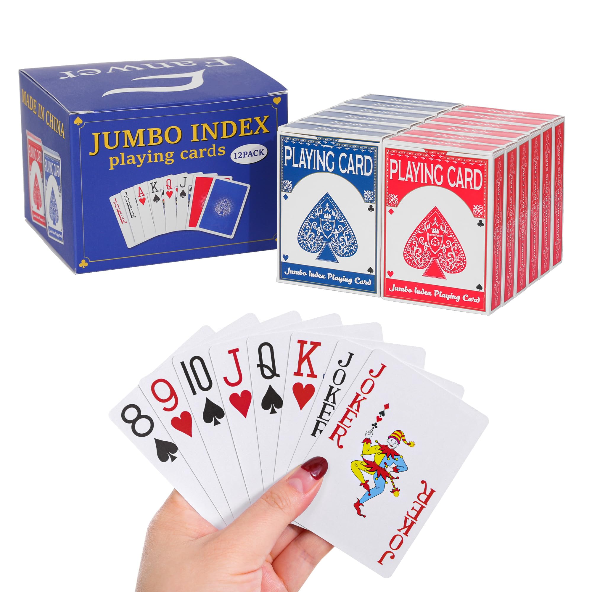 Fanwer Lot de 12 cartes à jouer à grand imprimé pour adultes, cartes de poker Jumbo pour personnes âgées, malvoyantes, foule de basse vision, pour Blackjack, Euchre, Canasta