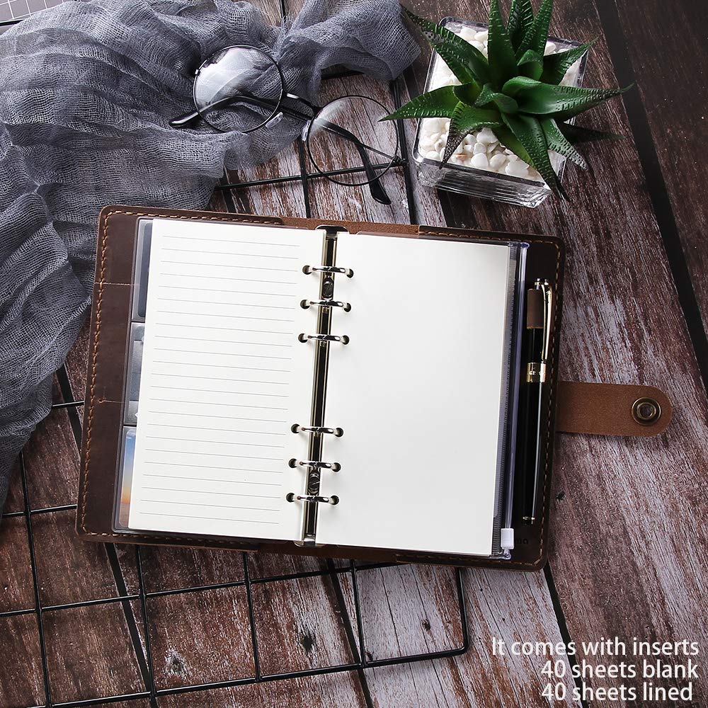 Cuaderno de piel con anillas recargables, 6 anillas de hojas sueltas y organizadores, diario de viaje A6 hecho a mano