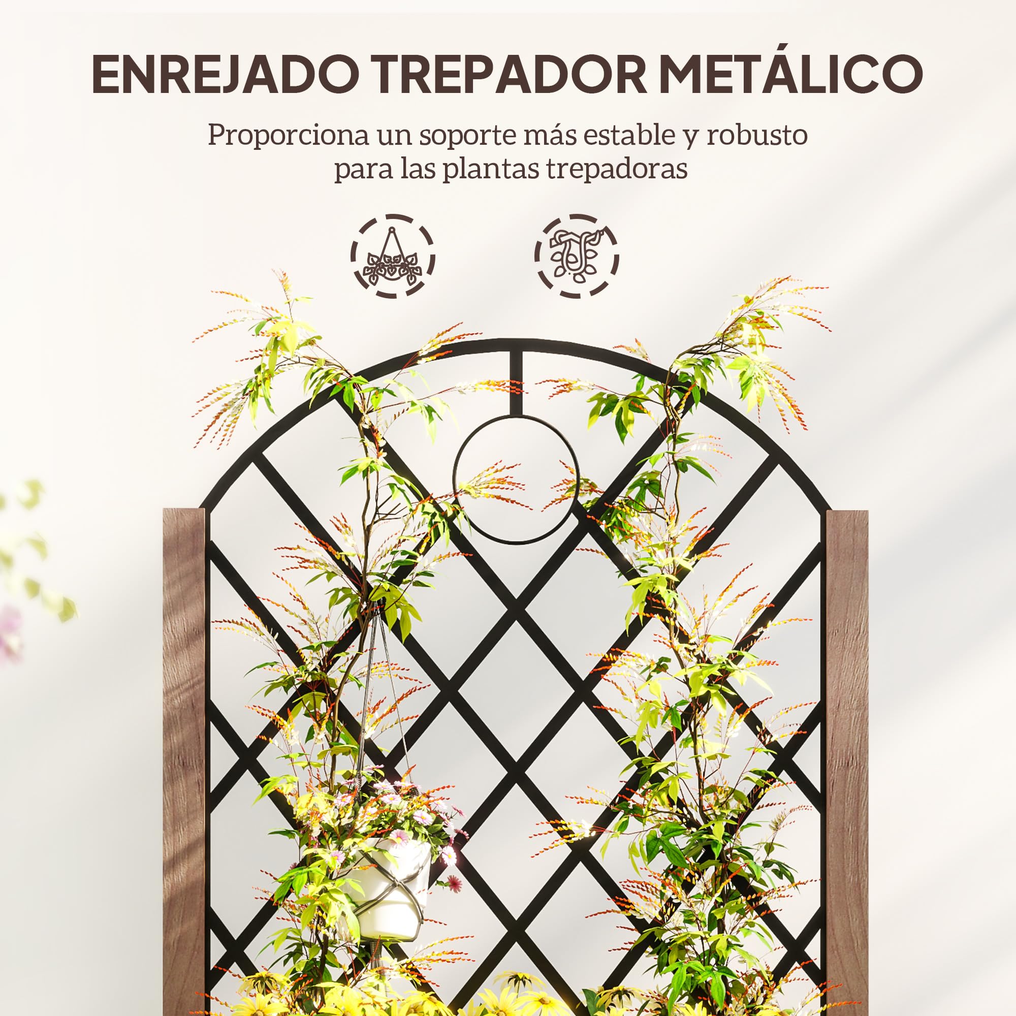 Outsunny Juego de 2 Jardineras de Exterior con Ruedas 52x25x97 cm Natural | Jardineras con Celosía Metálica, para Plantas Trepadoras, Maceteros para Jardín Terraza Patio