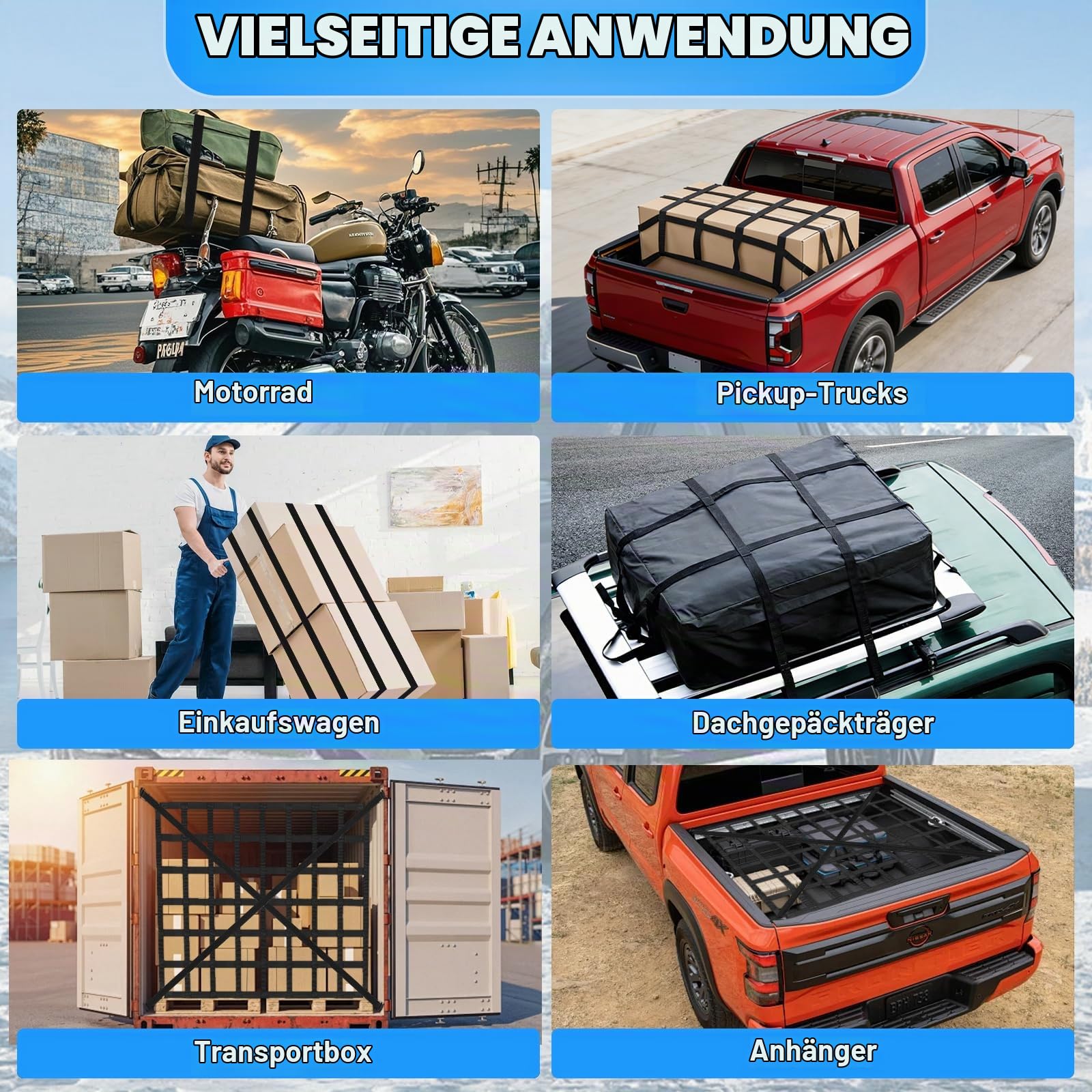 Gepäcknetz für Pickup & LKW, 208x127cm Verstellbar Anhängernetz, Ladungssicherungsnetz, Reißfest Heckklappe Frachtnetz, mit 4 Festgurten und 2 Gummiband, Nylonmaterial Netzdesign, für Kofferraum, SUVs