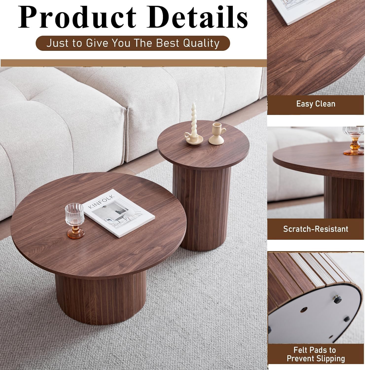 Lot de 2 Tables Basses Rondes Modernes, Support de Base de Colonne Romaine, Table D'appoint de Canapé Ronde de Style Ferme, Convient au Salon, au Bureau - Marron Foncé