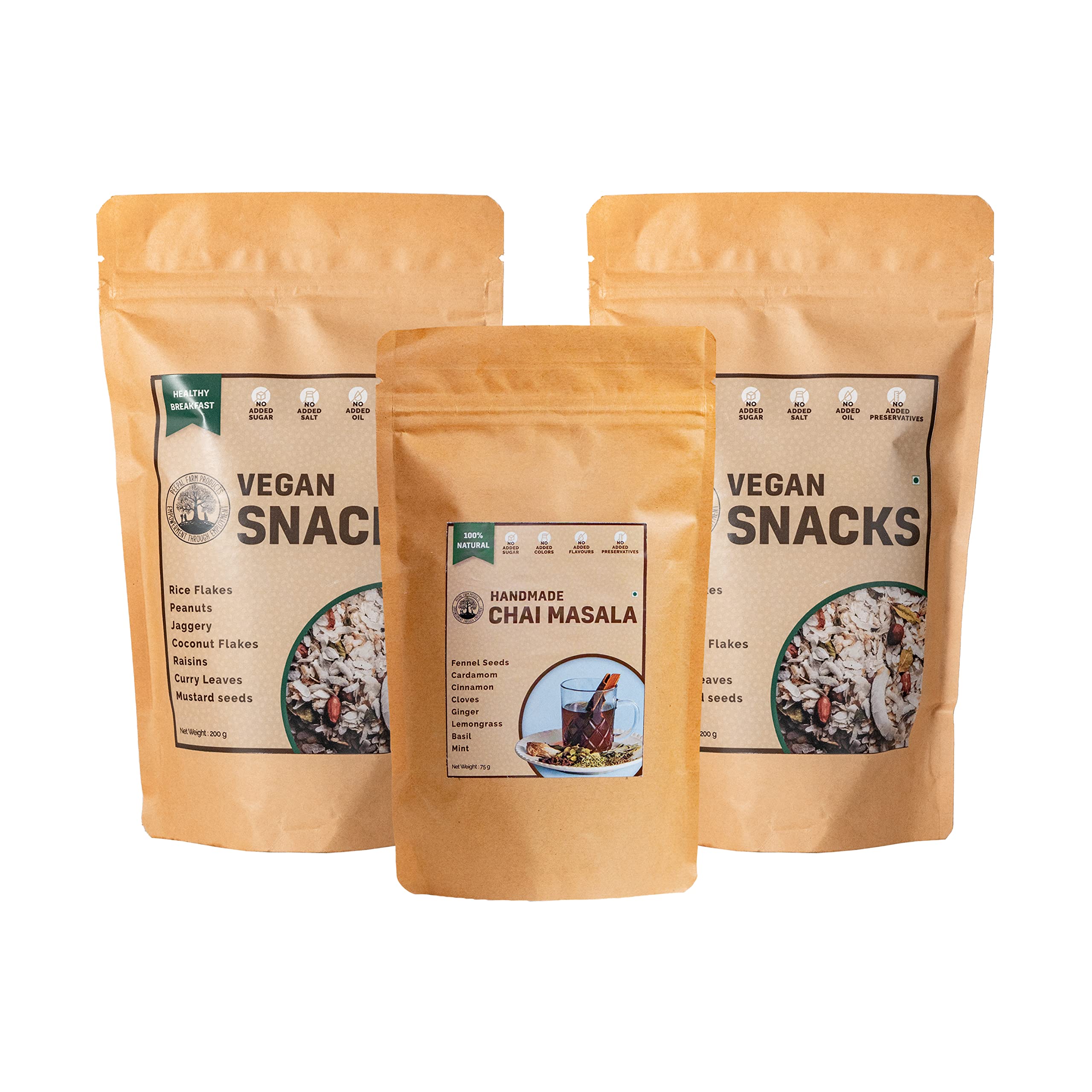 Peepal Farm Handmade Chai Time Combo - 100% Vegan & Natural, No added Sugar, Preservatives & Artificial Flavours - Chai Masala (75gm) + 2 Vegan Snack (200gm x 2) (B08S3WZQ4H) Amazon Price History, Amazon Price Tracker