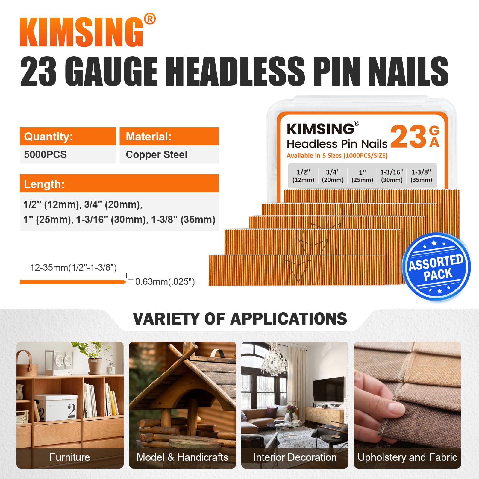 KIMSING 23GA 5 tamaños Puntas Cobre sin Cabeza 5000 pzas para Madera | 5 longitudes 12-35mm (1000 pzas c/u), puntas sin cabeza, cobre anticorrosión, compatibles 23GA, para armarios, muebles