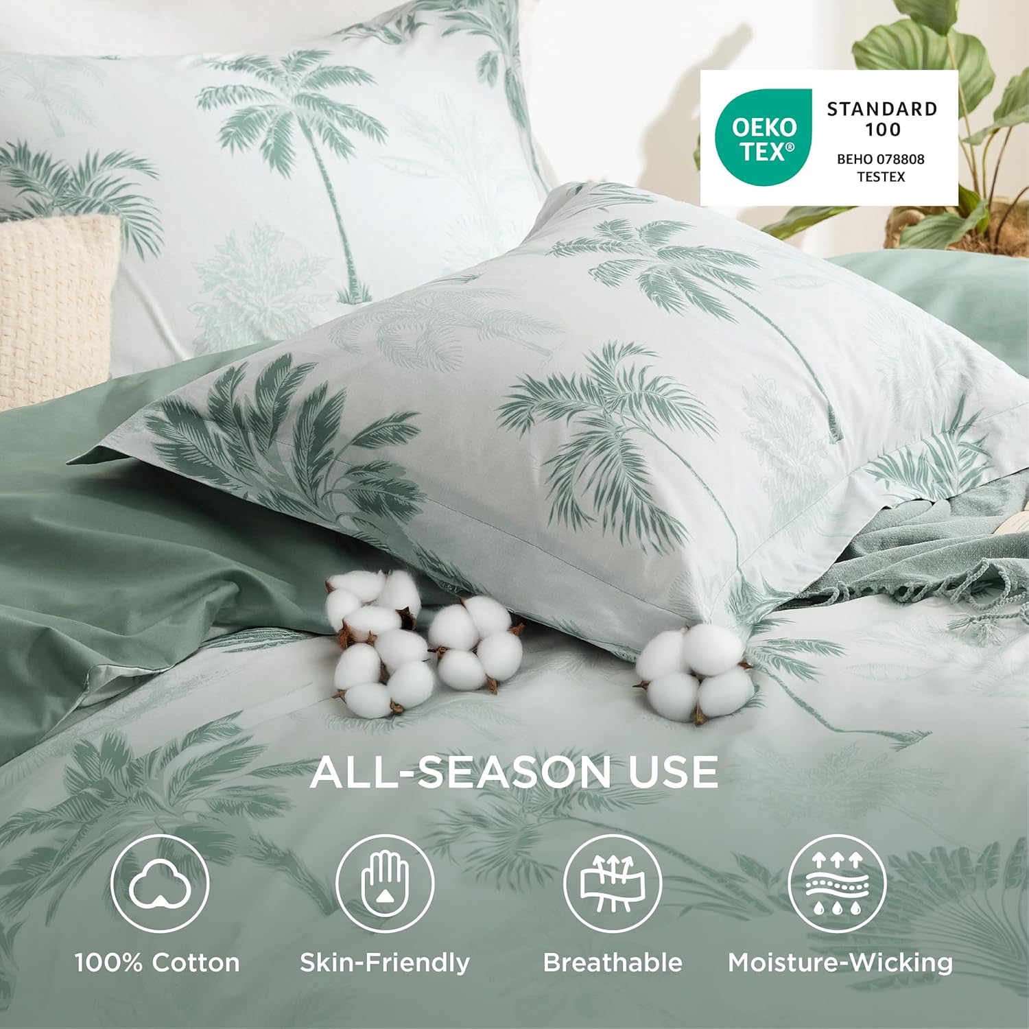 Bedsure Duvet Cover Queen Size - 100% Cotton Reversible Floral Queen Duvet Cover Set with Zipper Closure, 3 Pieces Soft & Breathable Green Milieu Bedding Set with 2 Pillow Shams 20"x26" - Image 2