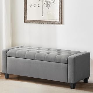 Zihanhome Ottoman with Storage, Fabric Ottoman Bench, 48.8" Storage Ottoman with Safety Hinge, Bedroom Bench with Storage, Upholstered Storage Benches with Seating for Living Room, Entryway (Grey)