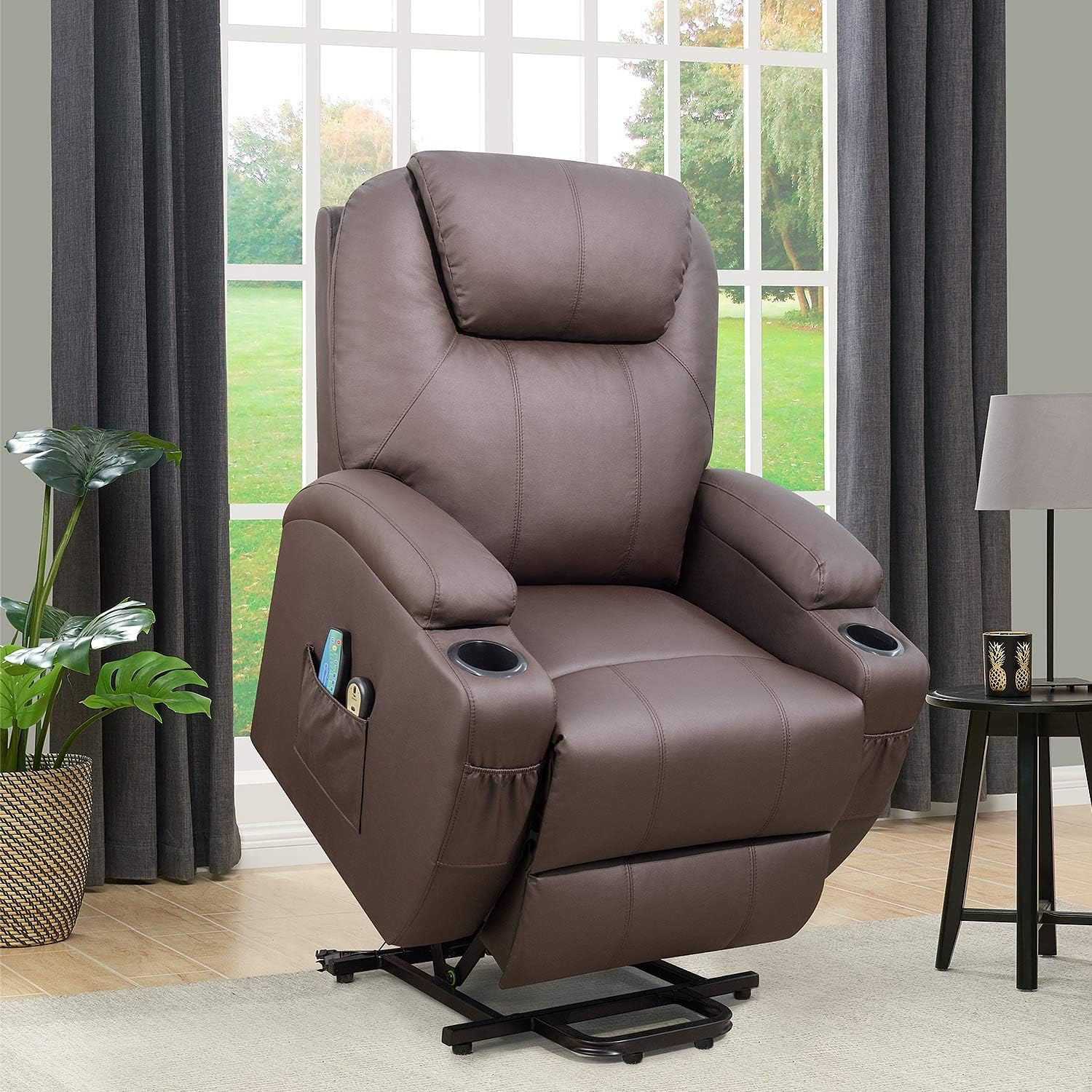 Flamaker Power Lift Recliner Chair PU Leather for Elderly with Massage and Heating Ergonomic Lounge Chair for Living Room Classic Single Sofa with 2 Cup Holders Side Pockets Home Theater Seat (Brown) : Home & Kitchen