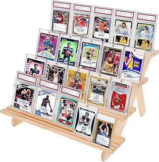 Trading Card Display Stand, 4-Tier Wooden Card Holder for Graded Sports and TCG Cards Tabletop Display Holder Compatible with PSA, CGC, BGS Slabs, Solid Wood Shelf Stand for Card Collection & Show