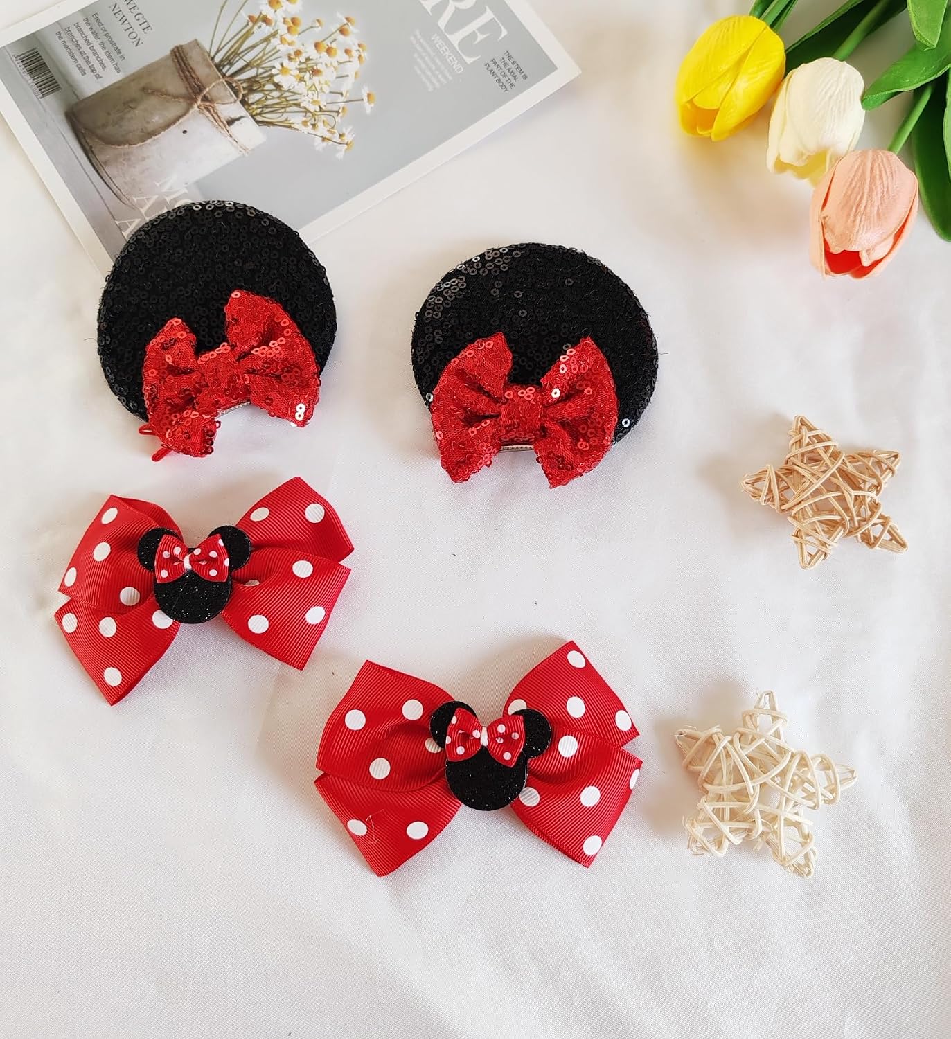 Hjiaruiky Mouse Ears Hair Clips Hair Bows Barrettes Accessories for Toddler Girls Women kids Party Birthday 4PCS