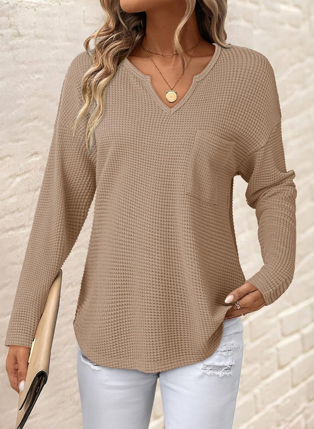 Dokotoo Womens Tops Waffle Knit Long Sleeve Notched V Neck Shirts Casual Trendy Solid Color Loose Blouses - Image 3