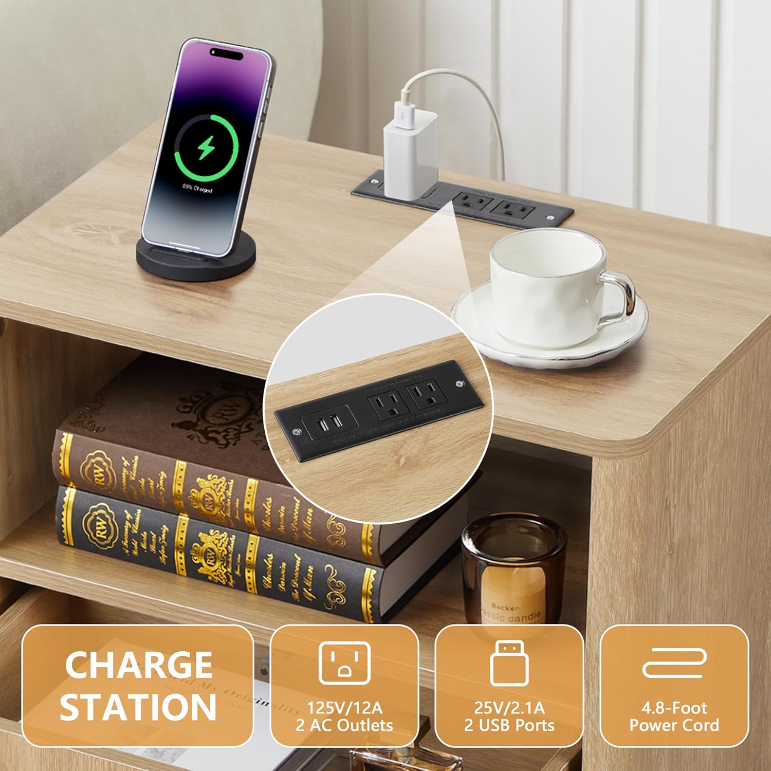 Small Nightstand with Charging Station, Accent Bedside Nightstand with Drawer, Mid Century Modern Bedroom Side Bed Table with Storage for Dorm, Living Room, Couch Sofa Chair, Office - Natural