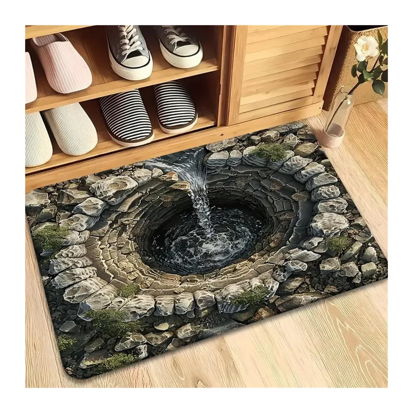 Tapis illusion d'optique escalier en colimaçon et paillasson de porte effet brique
