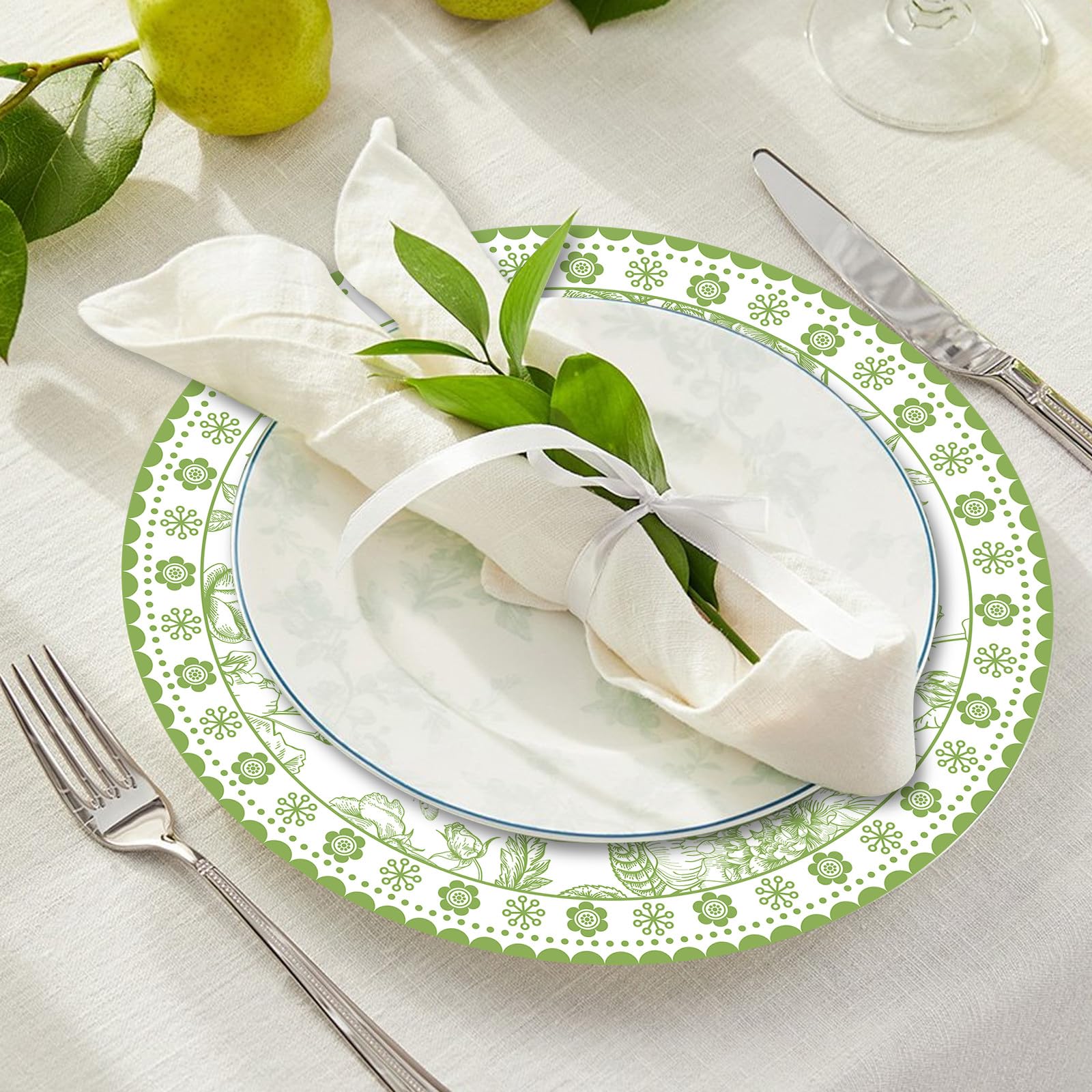 50 manteles individuales de papel floral verde de 14 pulgadas, manteles individuales redondos de chinoiserie con flores, desechables, decorativos, para mesa de comedor, banquetes, suministros de