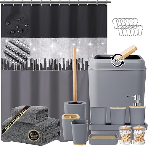 Miniatura 26 de Juego de 24 accesorios para baño negro, cortina de ducha con ganchos y alfombras, dispensador de jabón, jabonera, portacepillo para inodoro y cesta