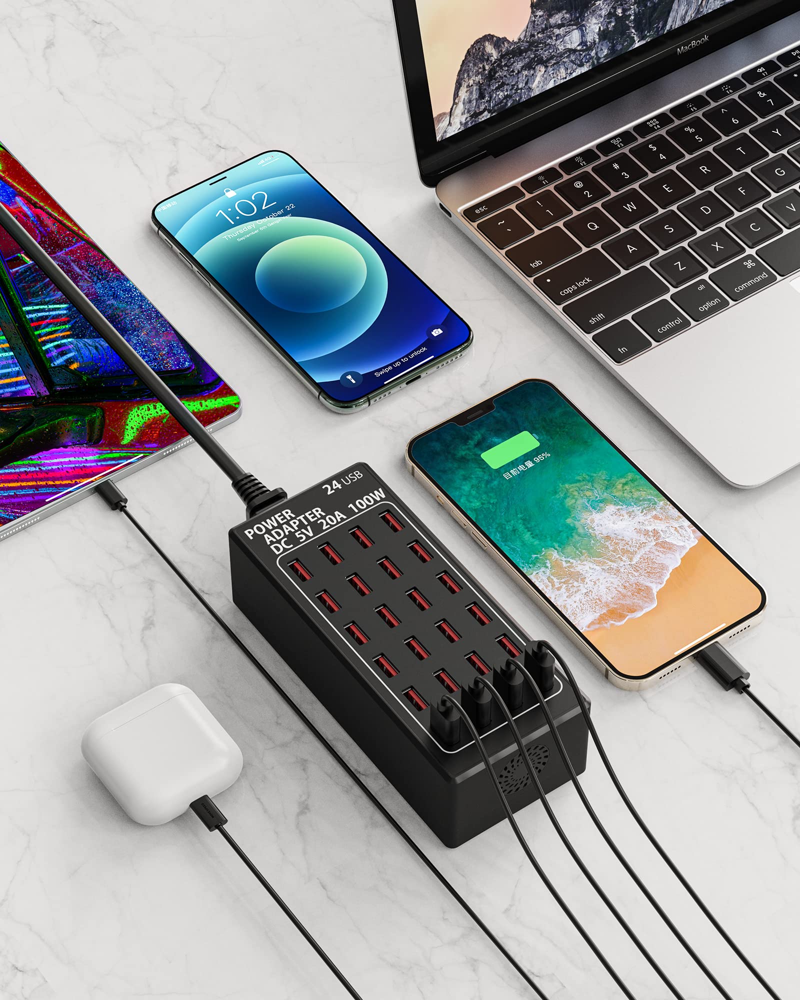Stazione di ricarica USB a 24 porte, 100 watt (20 A), caricabatterie rapido da viaggio, organizer per stazione di ricarica rapida multi porta, compatibile con smartphone, tablet e altri dispositivi