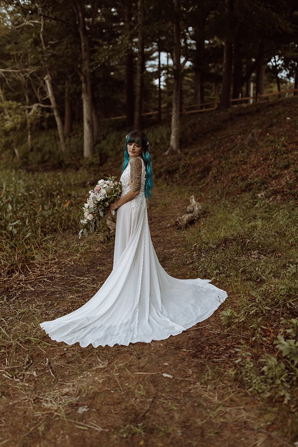 SEIM Lace Appliqued Mermaid Wedding Dress - V Neck Corset Back Bridal Gown For Beach Or Garden Wedding