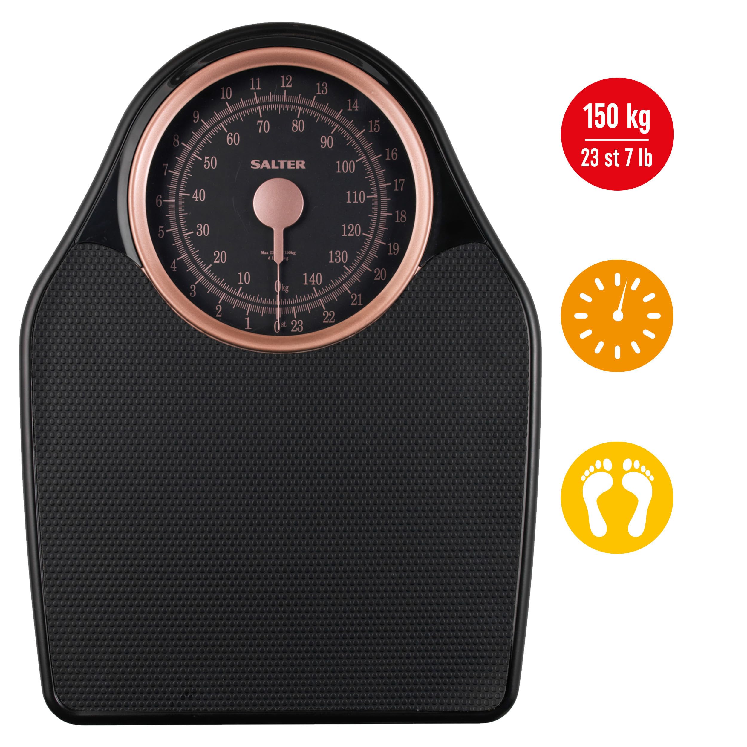 Salter 145 RGFEU16 Bilancia meccanica Doctor Style - capacità massima 150 Kg, quadrante di facile lettura con puntatore rotante, ampia piattaforma con tappetino in vinile, senza batteria, oro rosa