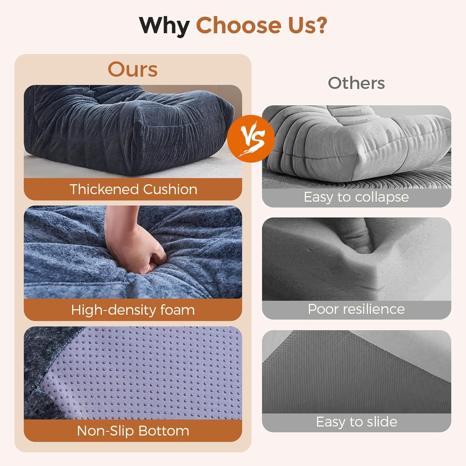 Bean Bag Chairs for Adults, Giant Bean Bag Chair, Memory Foam Beanbag Chair, One-Piece Foam Padding, Bean Bag Sofa for Living Room, Dorms, Apartments, Reading Corner (Blue Grey Plush) - Image 5