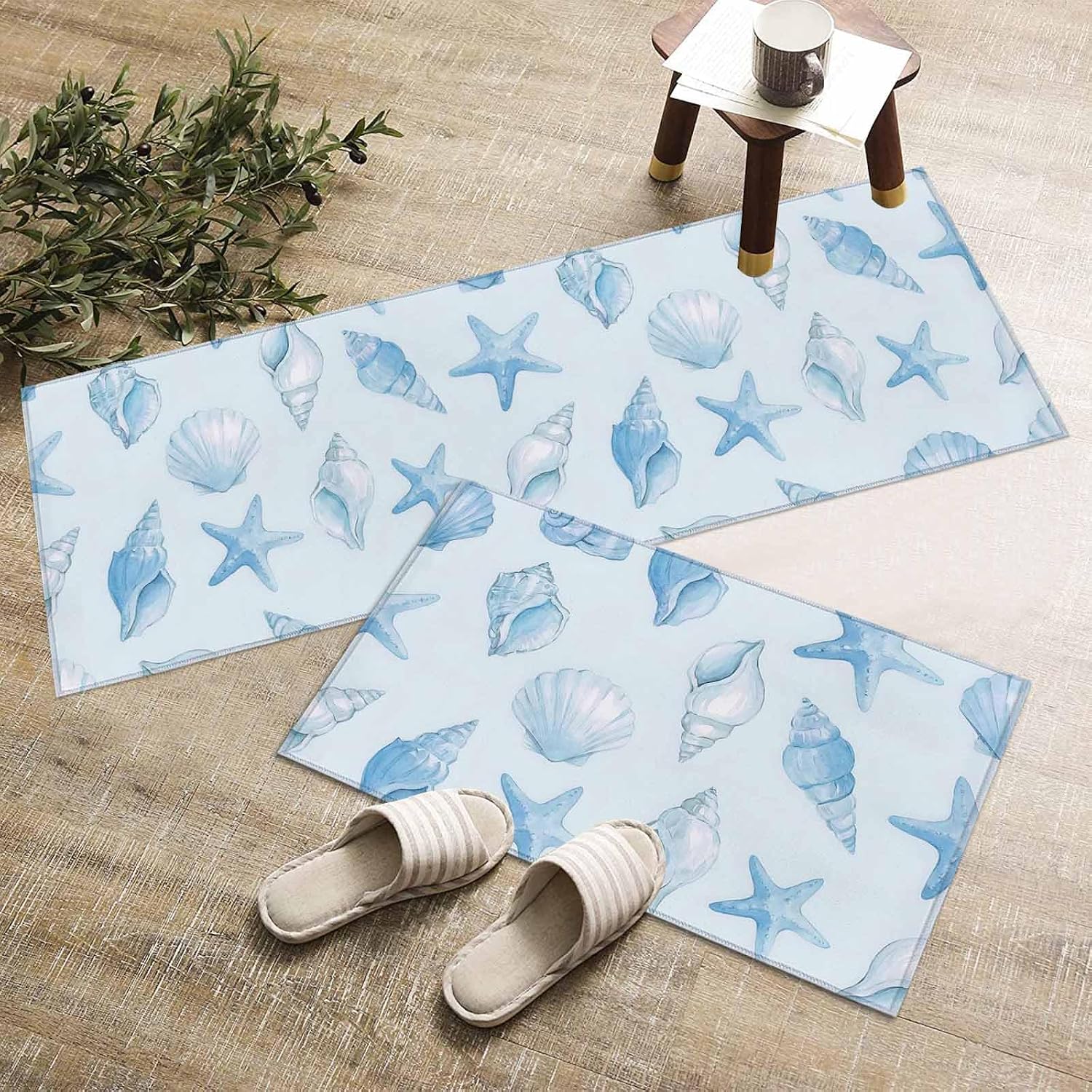 Kitchen Mats for Floor Coastal Starfish Shell Conch Washable Non Slip Kitchen Rugs 2PCS, Blue Marine Creature Ocean Theme Absorbent Standing Mats for Sink Office Living Room 15.7x23.6in+15.7x47.2in