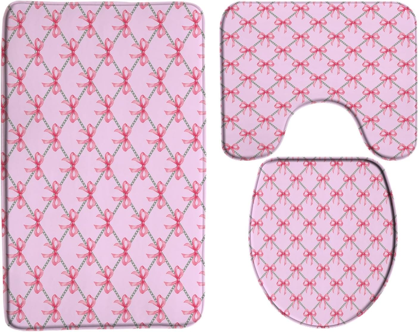 GCTNBJL 3 Piece Cute Bow Shower Curtain Pink Black Modern Geometric Bowknot Aesthetic Girls Teens Funny 24"x60" Bathroom Rugs,Toilet Seat Cover,U-Shaped Floor Mat