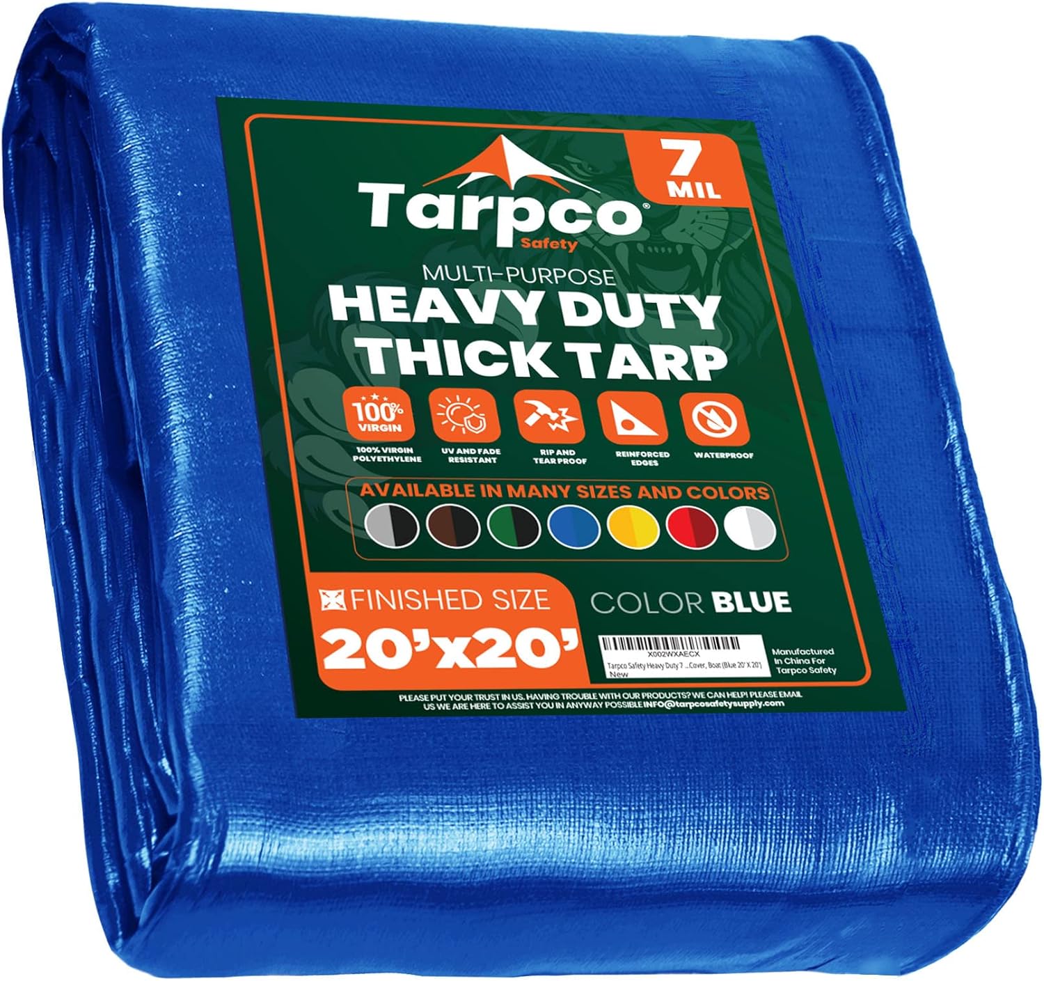 Tarpco Safety Heavy Duty 7 Mil Tarp Cover, Waterproof, UV Resistant, Rip and Tear Proof, Poly Tarpaulin with Reinforced Edges for Roof, Camping, Patio, Pool Cover, Boat (Blue 20 X 20)