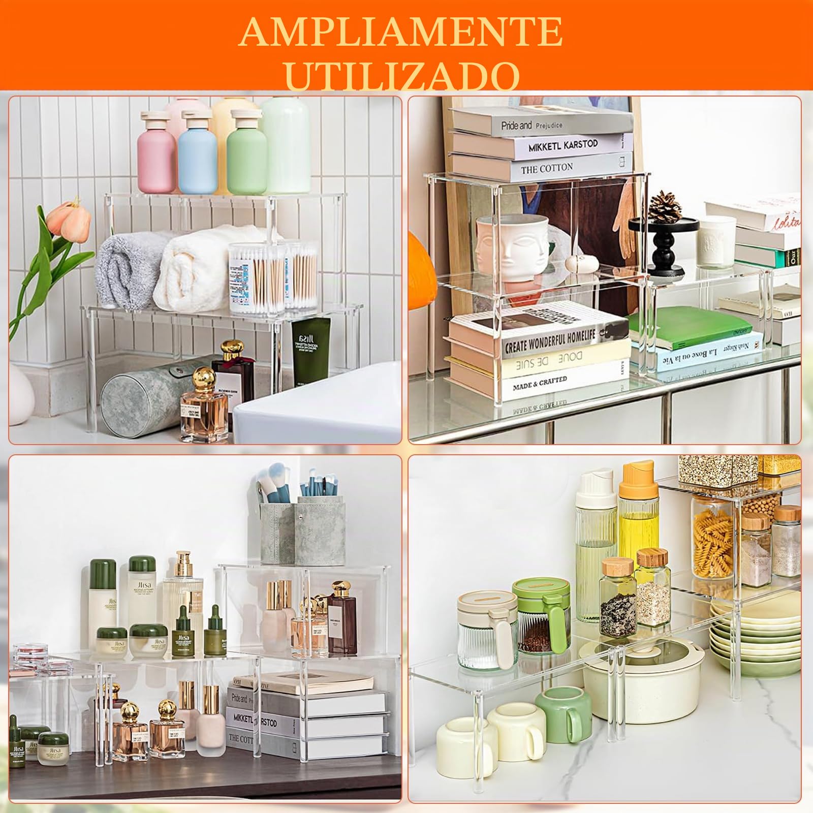4 unidades de organizador de cocina apilable para especias | Organizador de armario de cocina transparente, estante de cocina, soporte para vasos, ampliable para encimeras de cocina