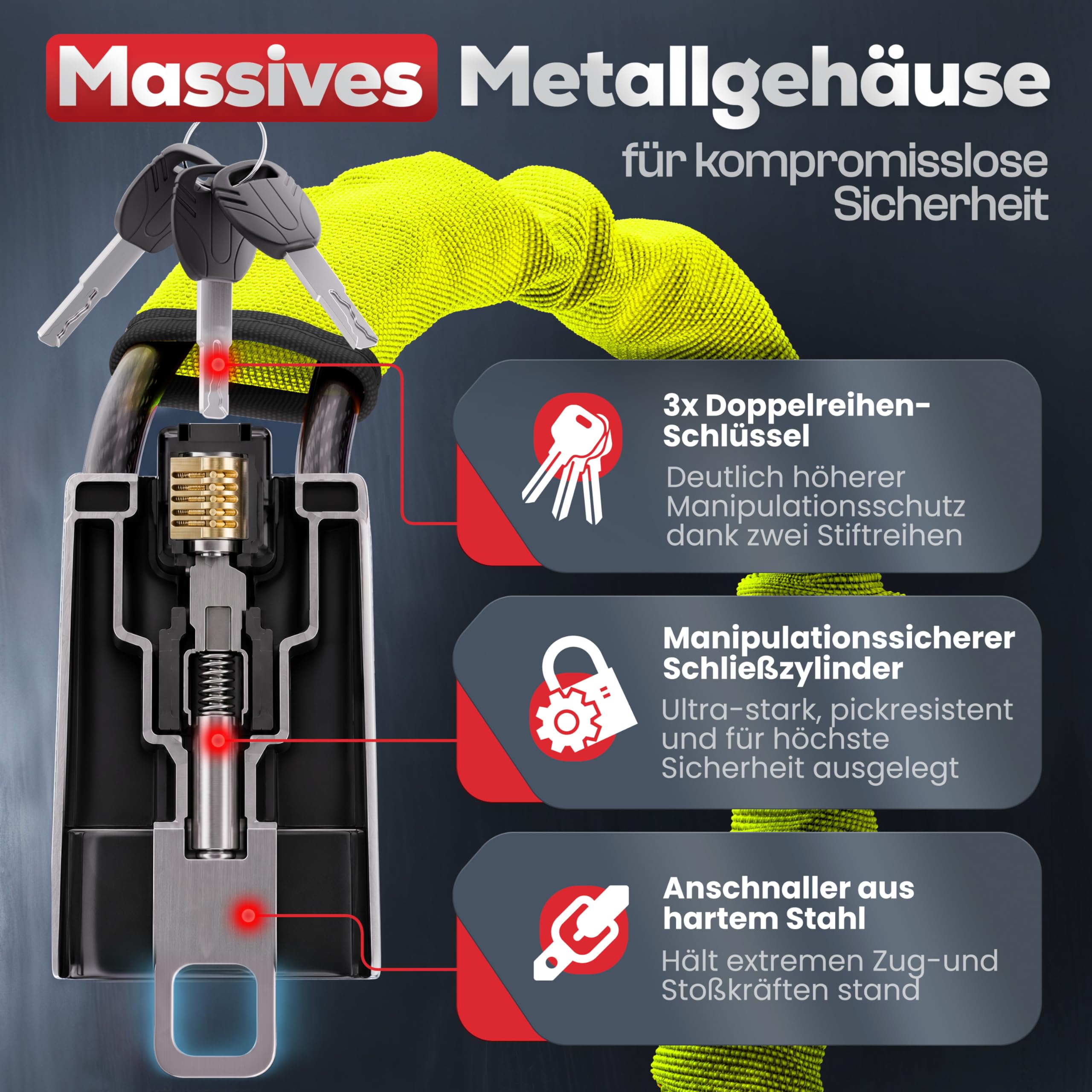 HELDENWERK® Lenkradkralle für Auto & Wohnmobil aus Metall - Universelle Passform - Lenkradschloss mit dickem Stahlseil - Wegfahrsperre Diebstahlsicherung mit 3 Sicherheitsschlüsseln (Gelb)