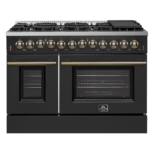 Forno Galiano 48-Inch Dual Fuel Range in Black with Antique Brass Accents - 8 Sealed Burners 107,000 BTU, Integrated Griddle, 6.58 cu.ft. Double Convection Ovens