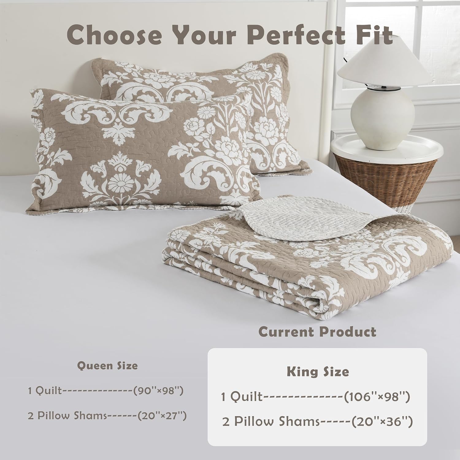 Reversible Quilt King Size, 100% Cotton Quilted Bedding Set, Damask Floral Artistry Bedspread, Farmhouse Lightweight Comforter All Season, Tan/White 3-Piece