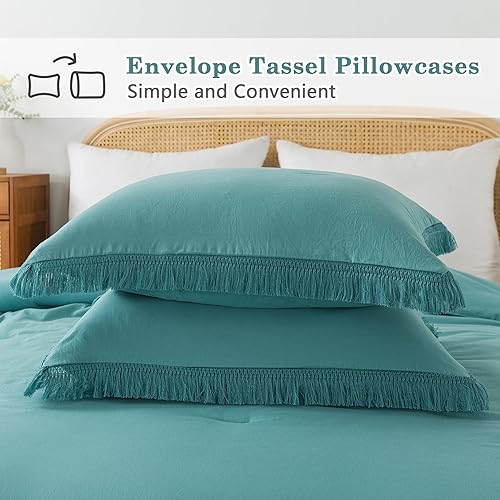 Miniatura 7 de Andency Juego de edredón con borlas color aguamarina, tamaño King (104 x 90 pulgadas), 3 piezas (1 edredón bohemio, 2 fundas de almohada), juego de