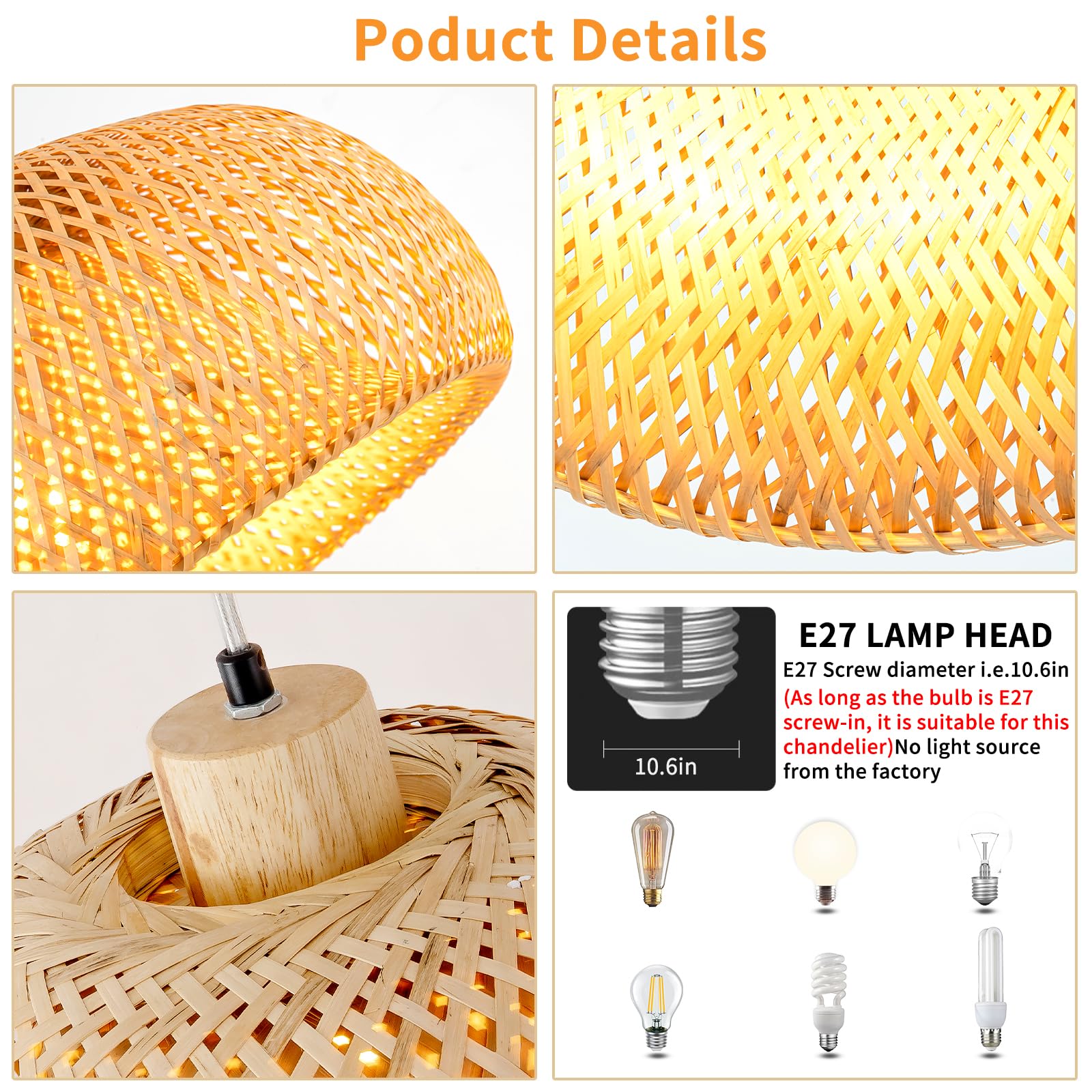 Lámpara colgante de bambú, 11.8 pulgadas, tejida a mano, de mimbre natural, lámpara colgante bohemia beige, lámpara de techo de comedor de isla rústica para sala de estar, cocina, granja, 4