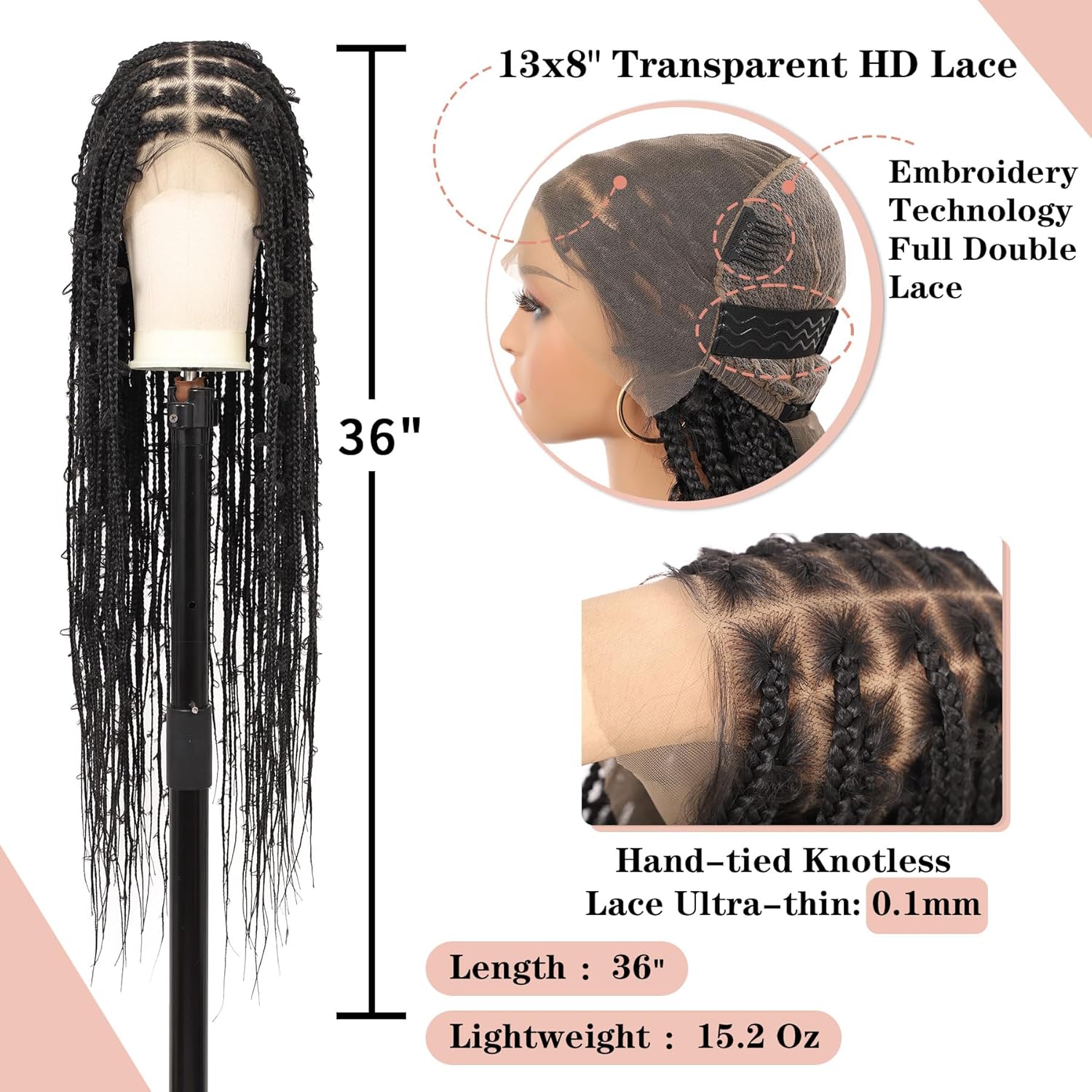 Lexqui 36" 13x8 HD Lace Front Braided Wigs for Women Knotless Braided Wigs Butterfly Box Braid Wig with Baby Hair Free Parting Synthetic Hair Braided Lace Front Wigs Natural Black
