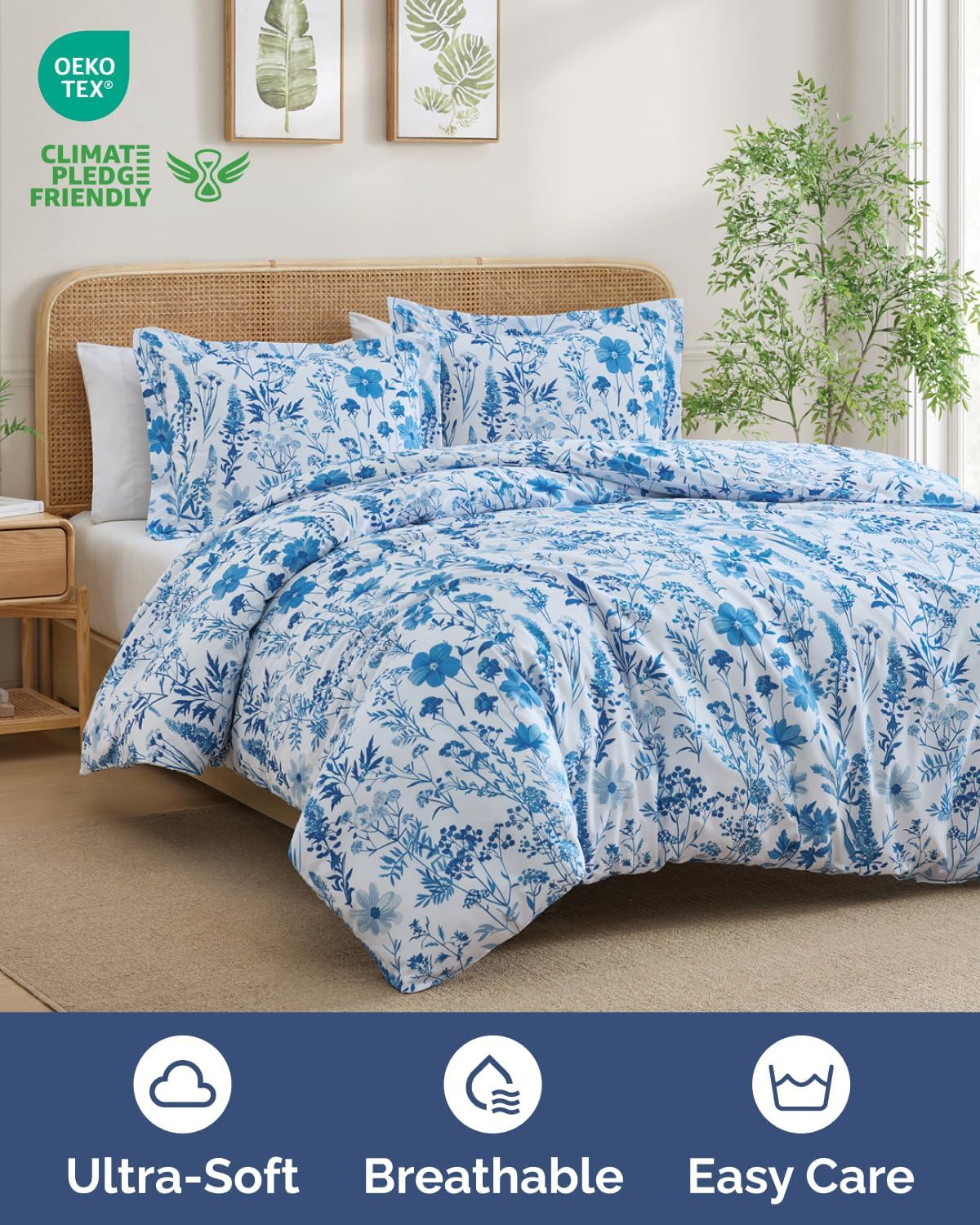 Duvet Cover Queen Size Set - Extra Soft Floral Duvet Cover 90 x 90 with 2 Pillow Shams - Comfy, Breathable Bedding Set - Hotel Luxury & Fade Free w/ Zipper Closures & Ties - Blue Dainty Floral