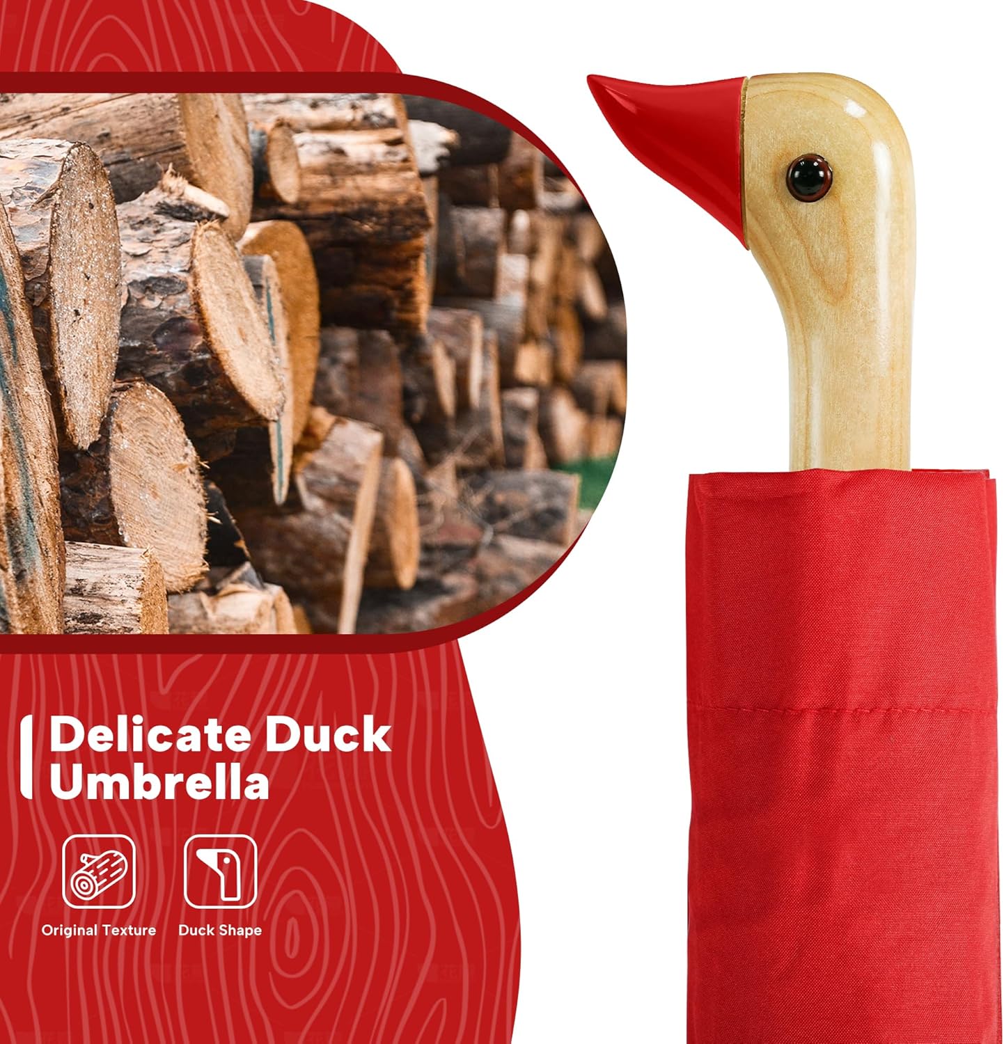 Compact Small Umbrellas for Rain&Sun, Cute Design Duck Head Umbrella for Girls Gifts, 8 Ribs Folding Umbrella with Wooden Handle