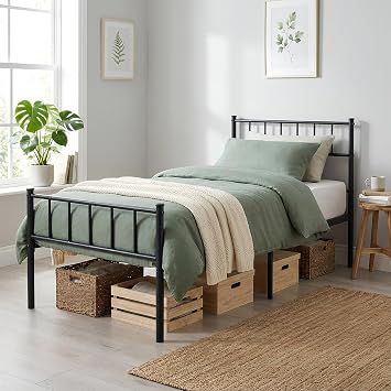 Harbour Housewares 3ft Single Metal Bed Frame Black   Heavy Duty Steel Bed with Headboard Footboard and 36cm Underbed Storage   Fits 190 x 90cm Mattress   Strong Metal Slats Max Weight 110kg