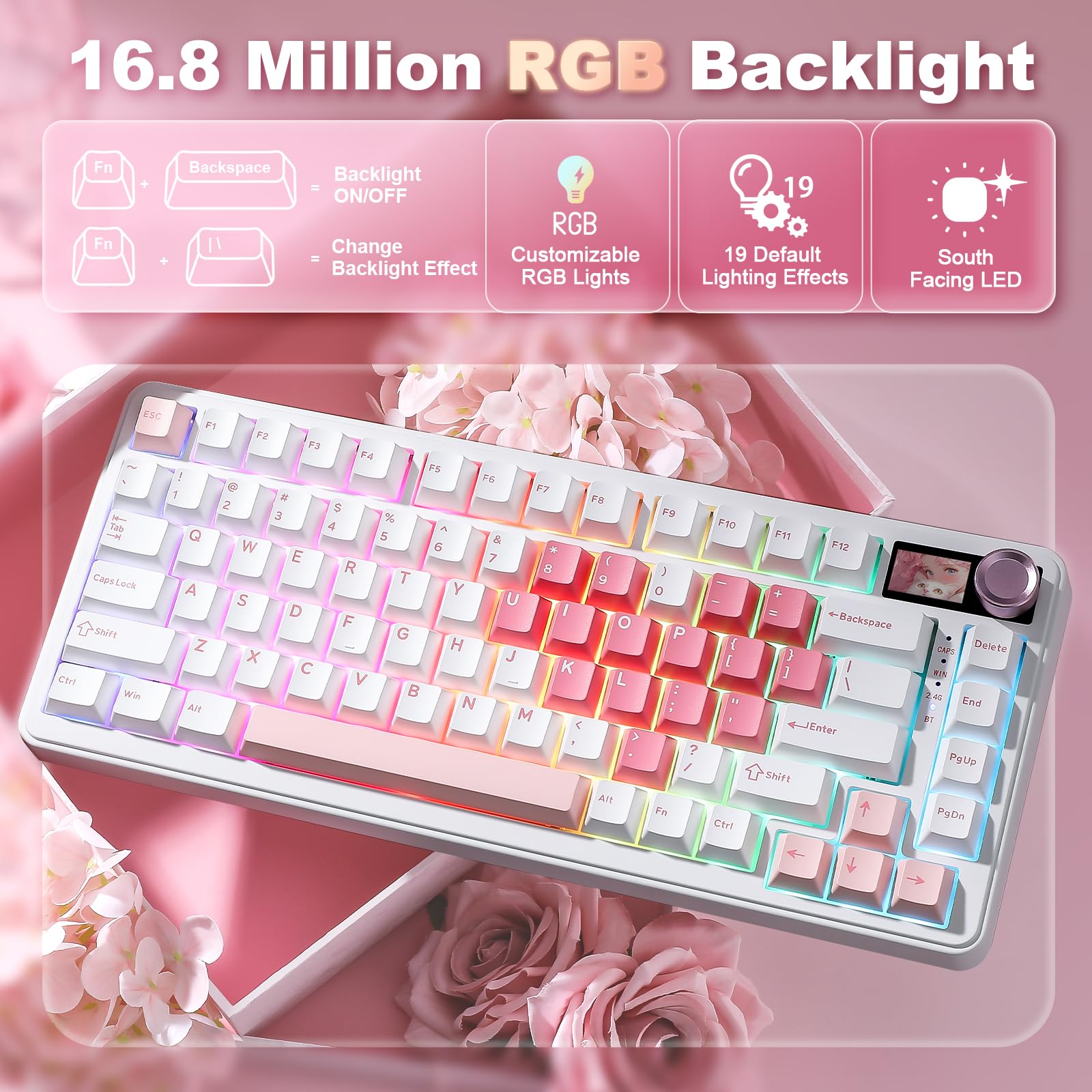YUNZII B75 PRO MAX Tastiera Meccanica Wireless, Layout 75% con Schermo TFT e Rotelle, Gasket Hot-swap Switch Pre-lubrificati, QMK/VIA, BT/USB-C/2.4G per Win/Mac (Cuore Bianco, Milk V2 Switch)