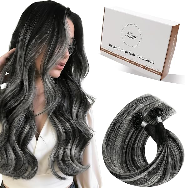 Hetto Bonding Extensions Echthaar Balayage Schwarz & Silber 50cm 50 Stück 1g/Stück – Starker Halt, Einzelsträhnen, Zum Erhitzen, Für Salon-Profis, Perfekt für Party #1b/s/1b - 1