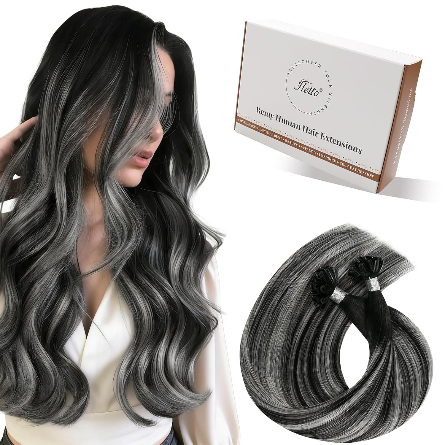 Hetto Ktip Human Hair Extensions Balayage K Tips Hair Extensons Real Human Hair Black to Silver Grey U Tip Hair Extensions Straight 14 Inch 50G 50S