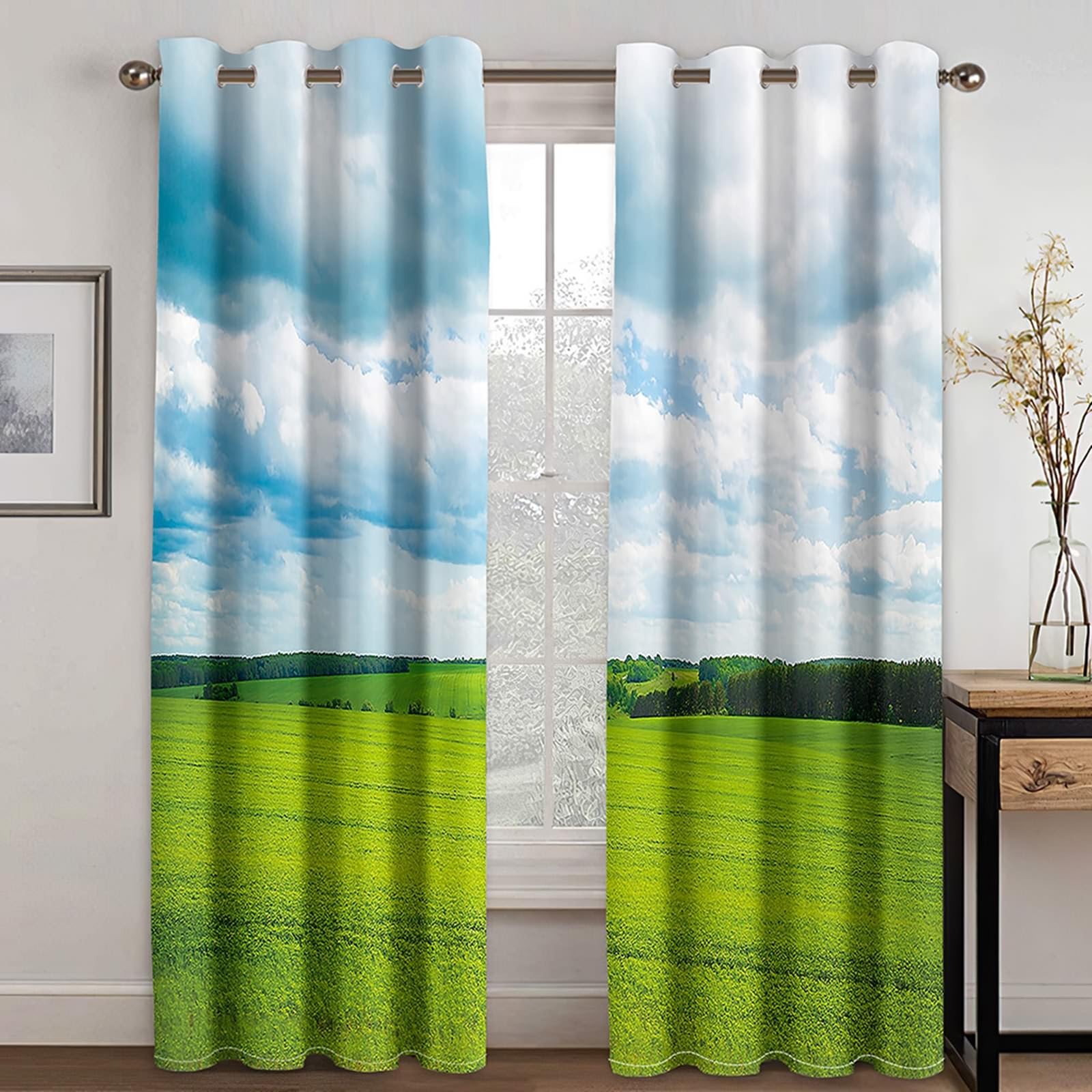 Thermogardinen mit Ösen, 96x138cm Weiß Grün Himmel und Grasland Sommer Vorhang Blickdicht mit Ösen Thermovorhang Kälteschutz Vorhänge Wohnzimmer Schlafzimmer Wärmeisolierend