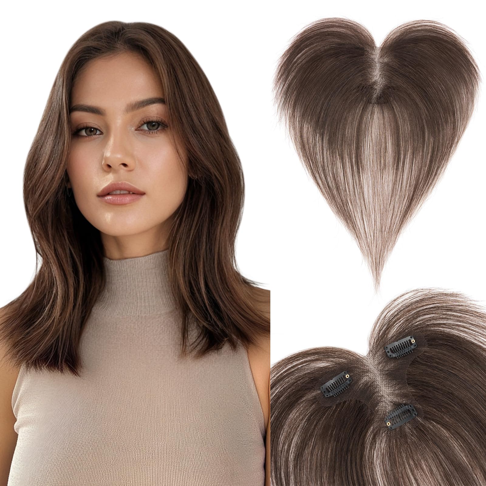 Photo 1 of SEGOHAIR Human Hair Topper with Curtain Bangs - 11 Inch, Dark Brown