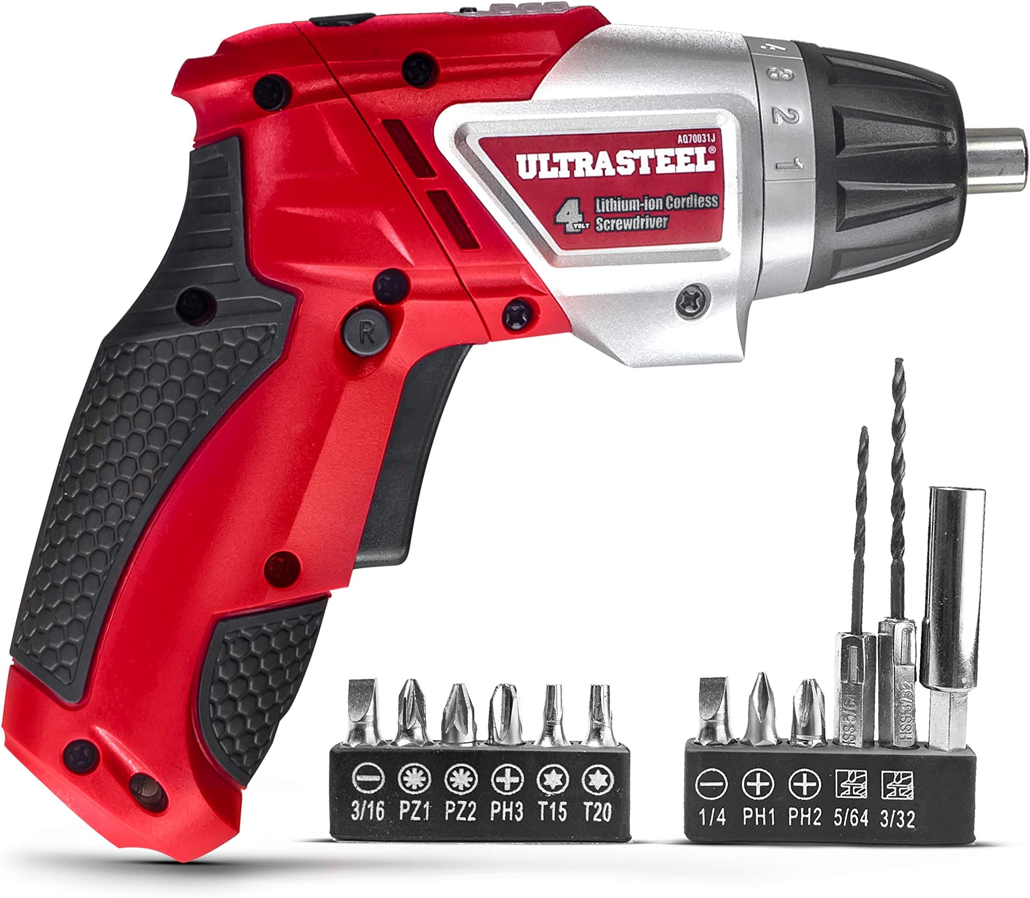 4V Lithium-Ion Cordless Rechargeable Dual-Position Screwdriver, 6+1 Torque Settings, LED Light w/ 1-Year Warranty, 2pc Drill Bit, 10pcs Driver Bits (AQ70031J)