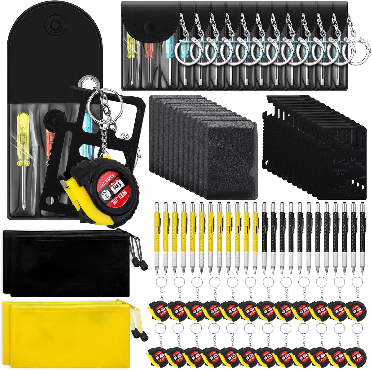 Lasnten 100Pcs Mini Tape Measure Screwdriver Keychain Set Bulk Men Gifts Multitool Pen Card Mini Tool Bag Pouch Adult Party Favors Pinata Stuffers for Men Father's Day Husband Gifts (black+yellow)