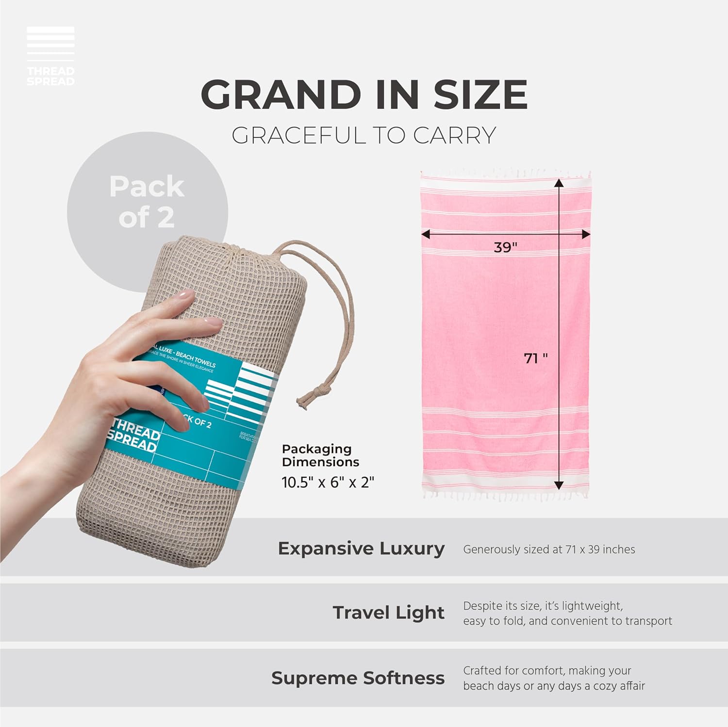 THREAD SPREAD Diamond Turkish Beach Towels 2 Pack - 100% Cotton Quick Dry Lightweight & Absorbent, Large Turkish Bath Towels for Travel, Sand Free Oversized Pool Beach Towel (Candy Pink, 39" x 71") 39" X 71" Diamond Candy Pink image 5 of 8 B0CGZNZ6P5