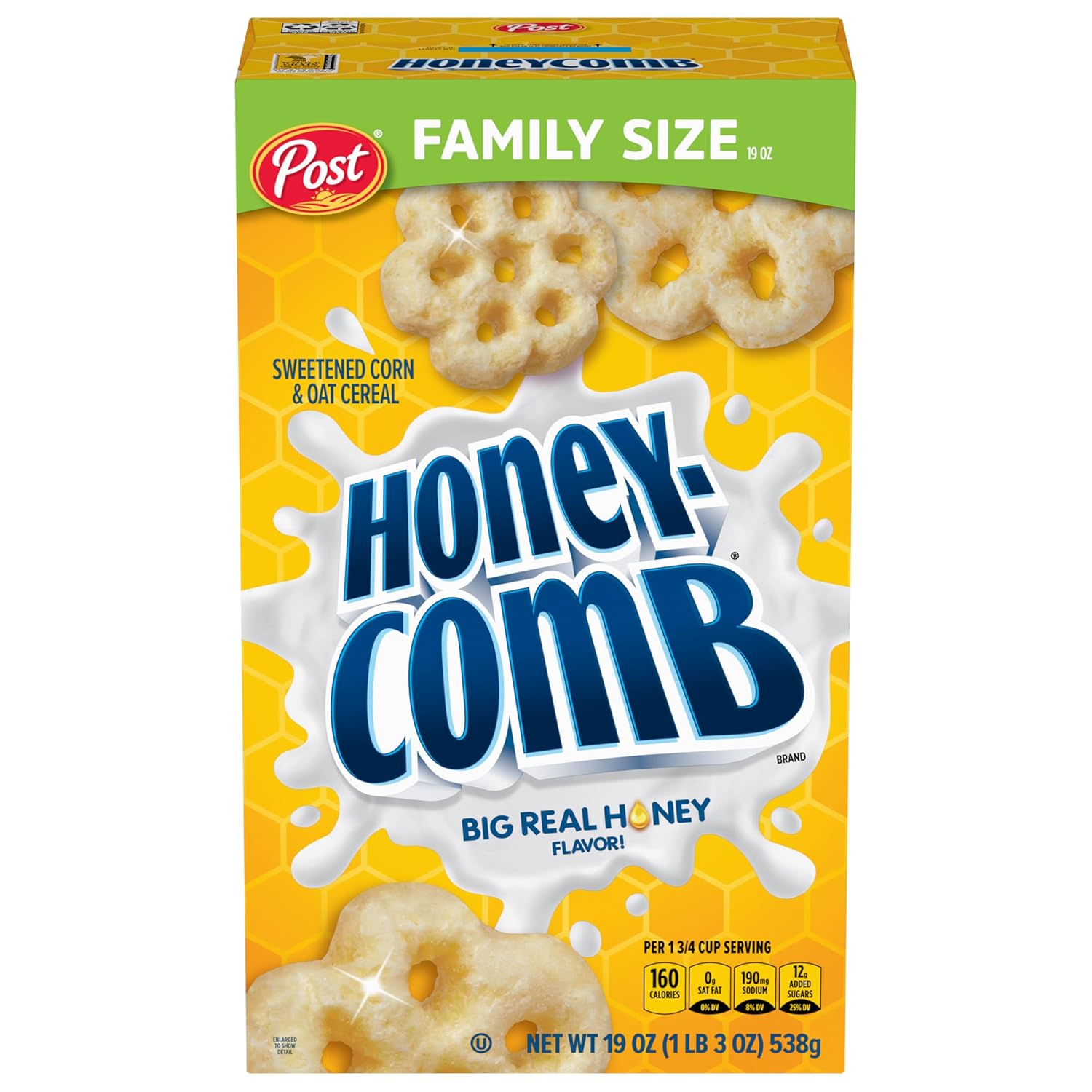 Honeycomb Honey Flavored Crunchy Corn & Oat Cereal 19oz Box - Sweet Breakfast & Snack for Kids & Adults