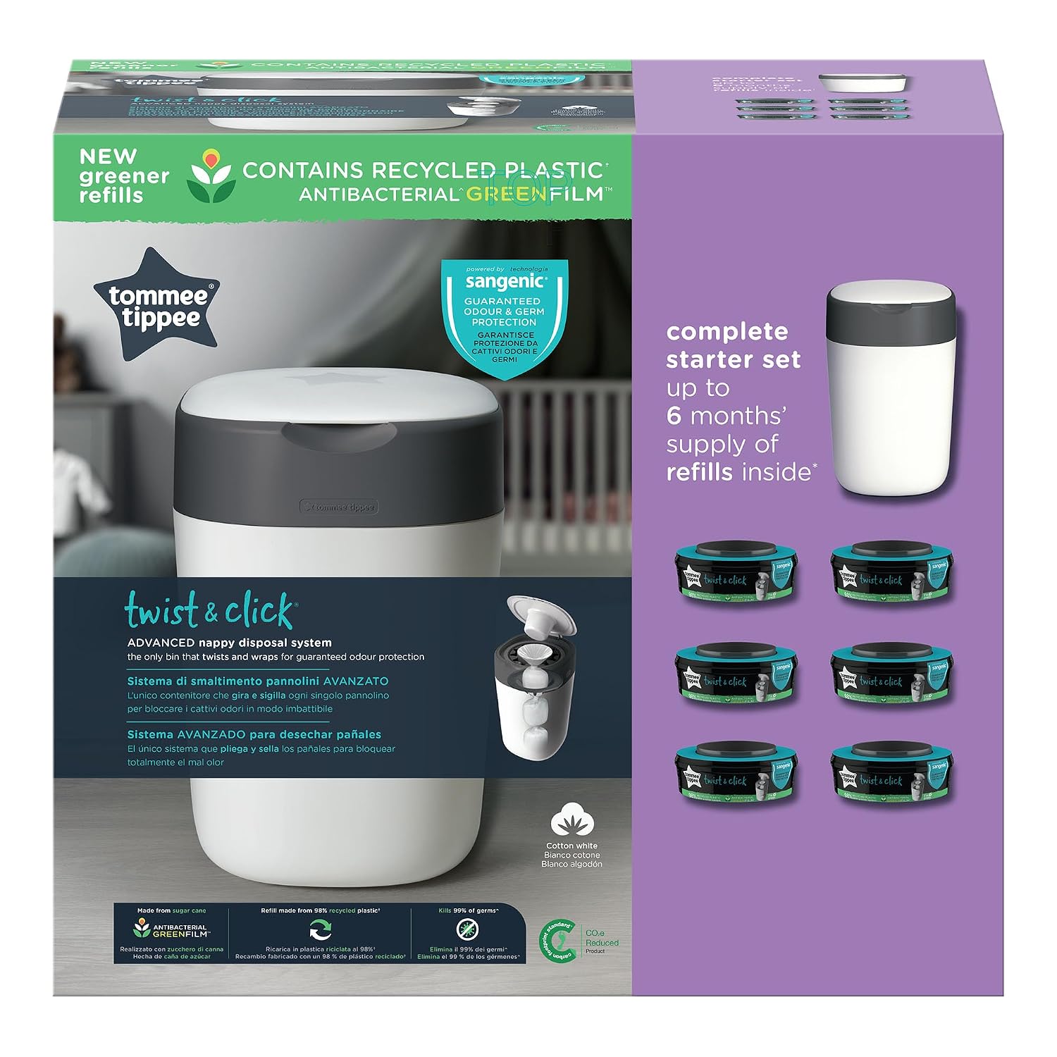 Tommee Tippee Twist and Click стартовый набор для контейнера для подгузников 6 вкладышей с многослойной антибактериальной пленкой корпус из 100 переработанного материала белый