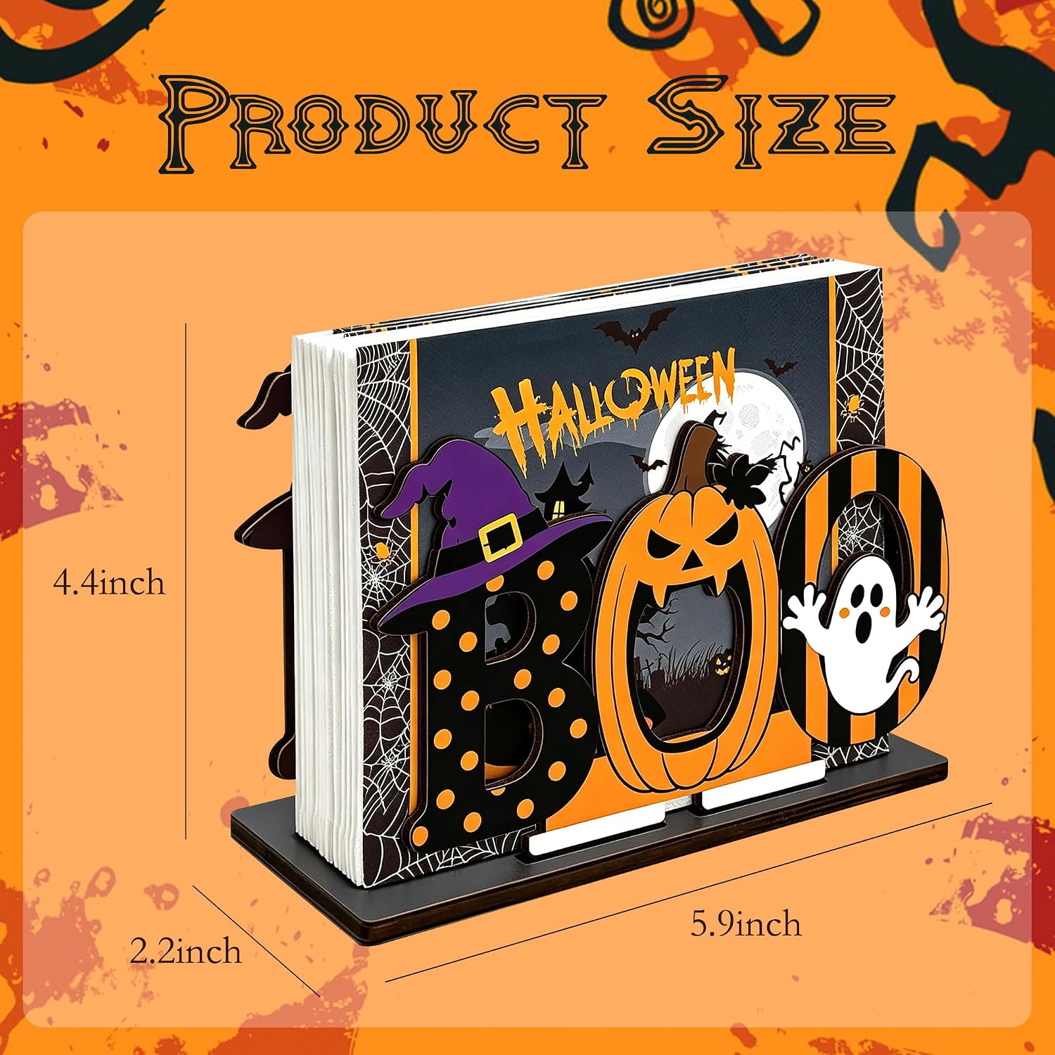 Ghost Halloween Napkin Holder, Wooden Pumpkin Tissue Dispenser for Party