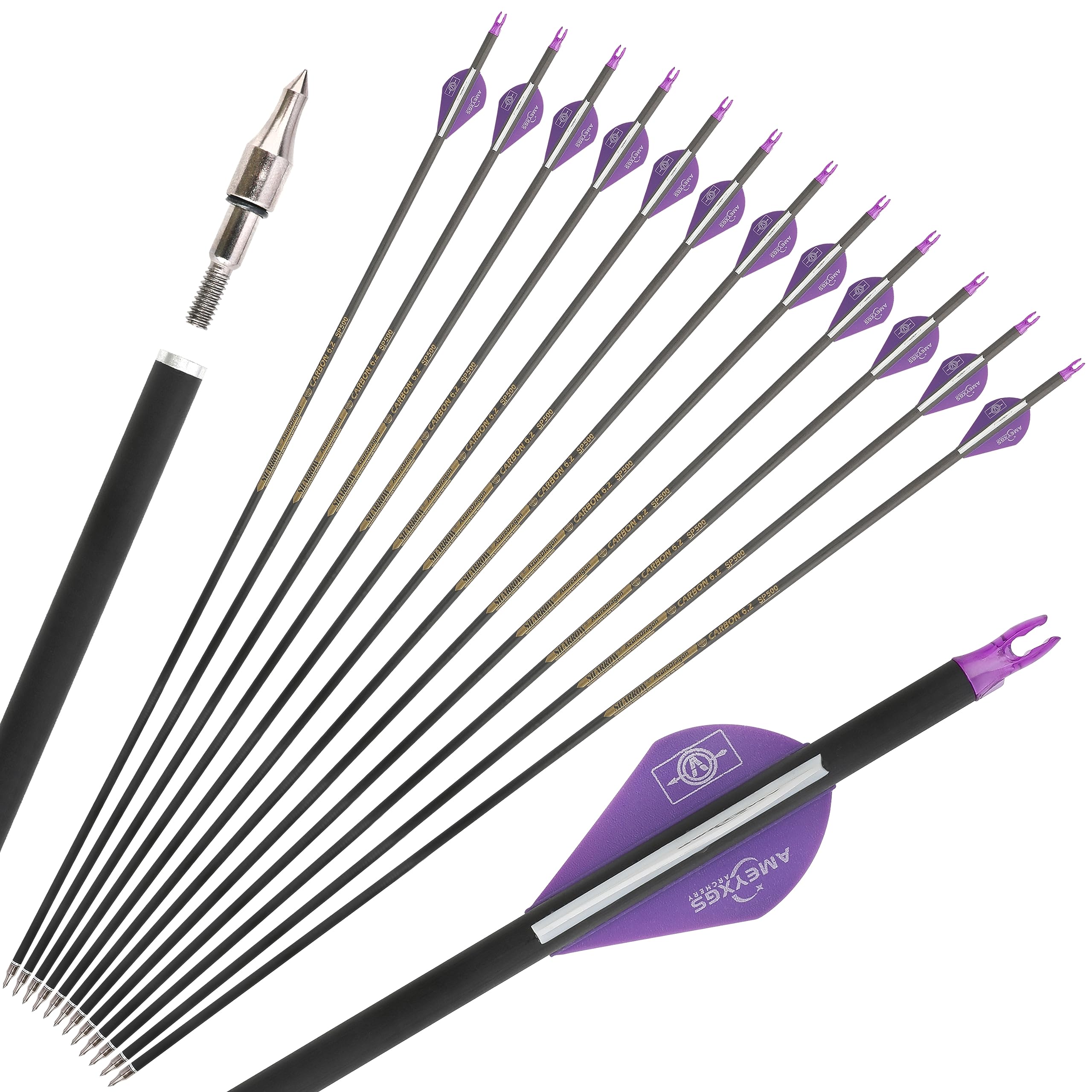 FQH 32" Archery Pure Carbon Arrows 300 350 400 500 600 Spine Hunting Arrows for Recurve Compound Bow Outdoor Hunting Target Shooting Archery Training (6/12pcs) (6 pcs, Purple, 400 spine)
